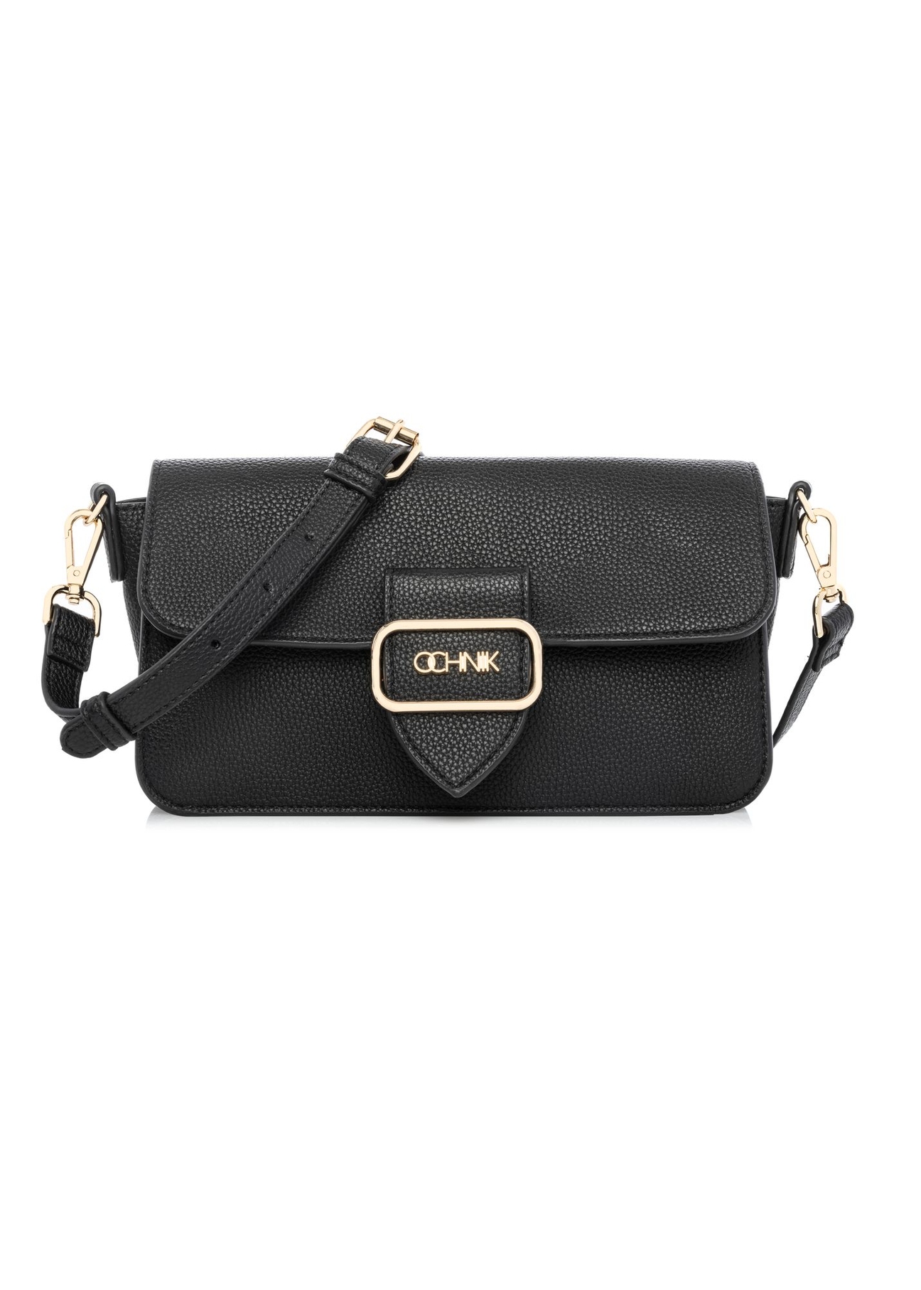 Czarna torebka listonoszka damska TOREC-1120-99(W26) - widok produktu z przodu, na białym tle. 