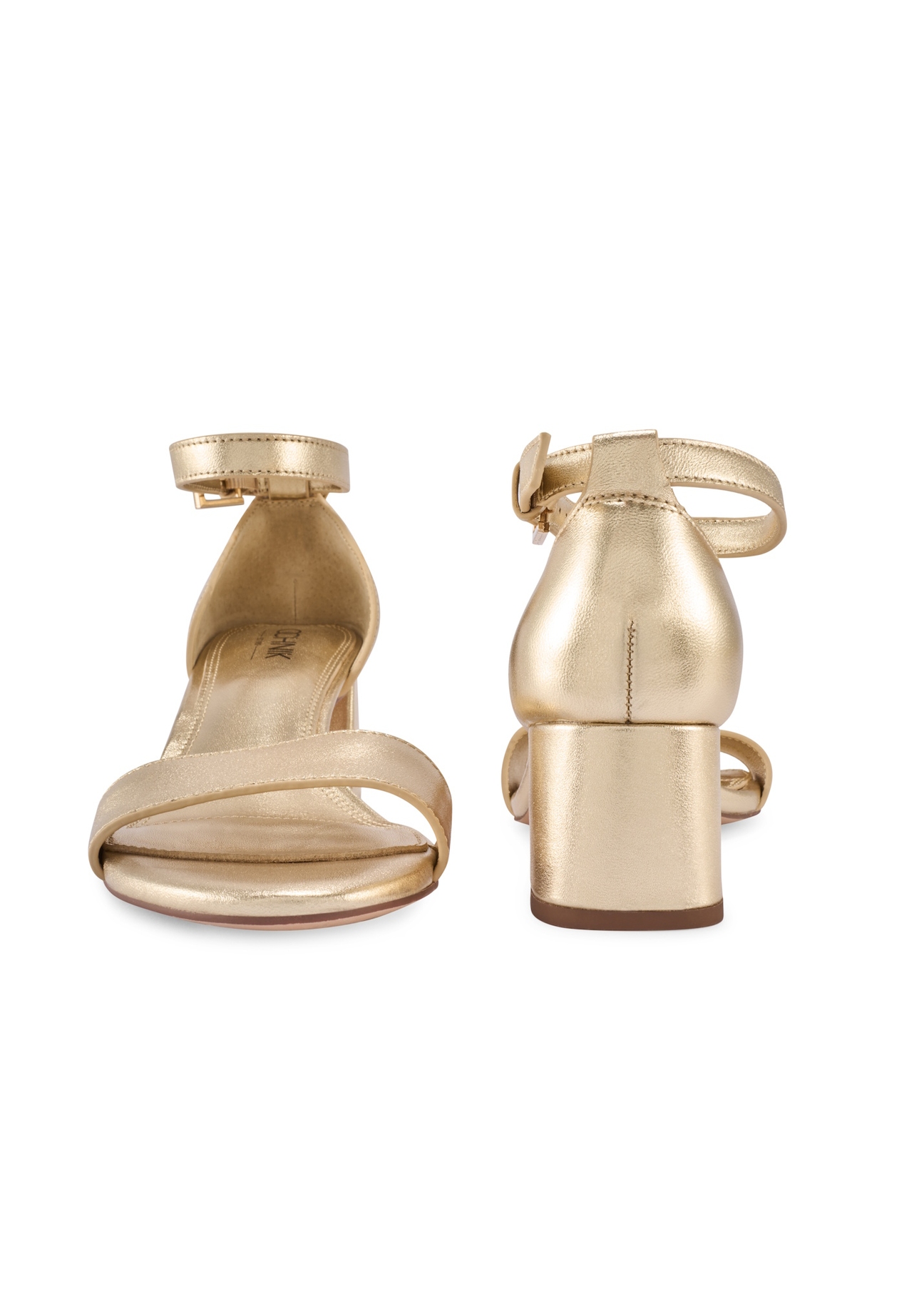 Skórzane sandały damskie w kolorze złotym BUTYD-1179-2X(W26), widok produktu z przodu i tyłu na białym tle.