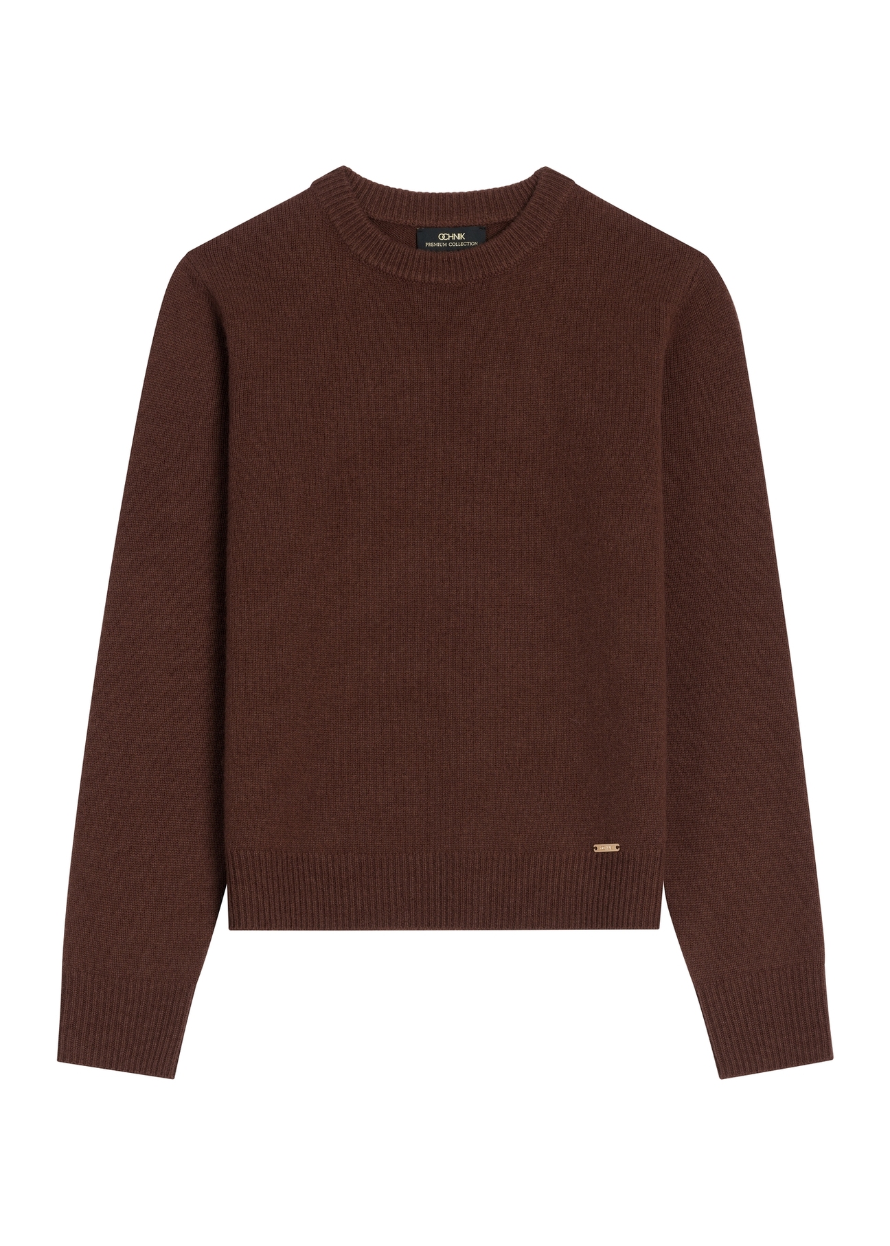 Brązowy sweter damski z kaszmiru i wełny SWEDT-0251A-1H(Z26), widok produktu z przodu na białym tle.