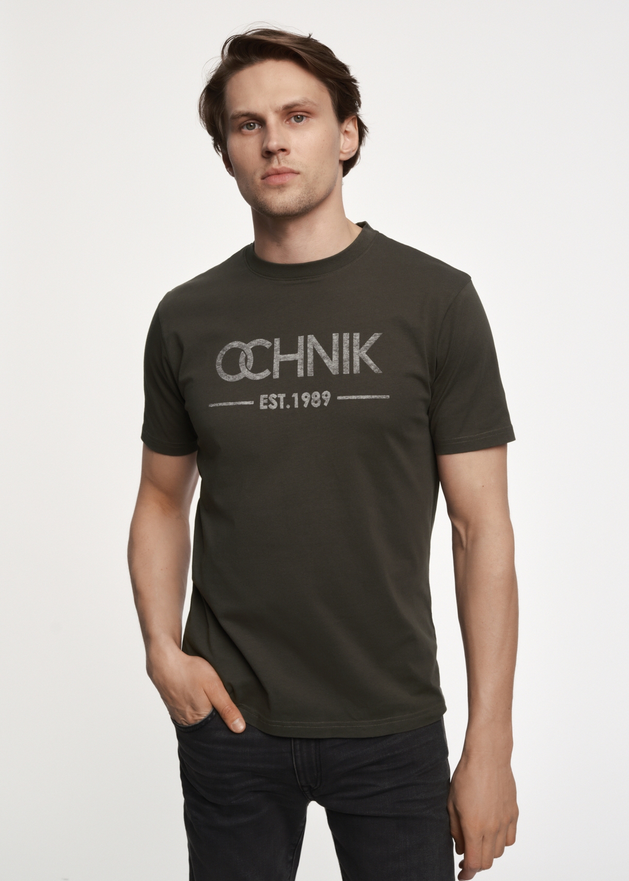 T-shirt męski khaki z logo TSHMT-0095-54(Z23)-01