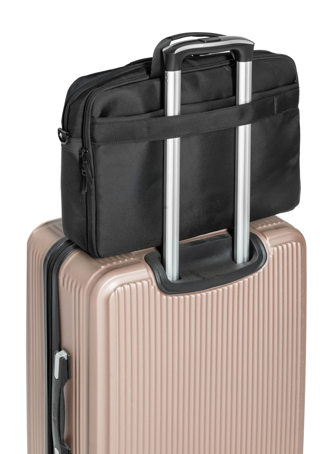 Czarna torba na laptopa TORMN-0401-99(W26) - zbliżenie na detal, na białym tle. 