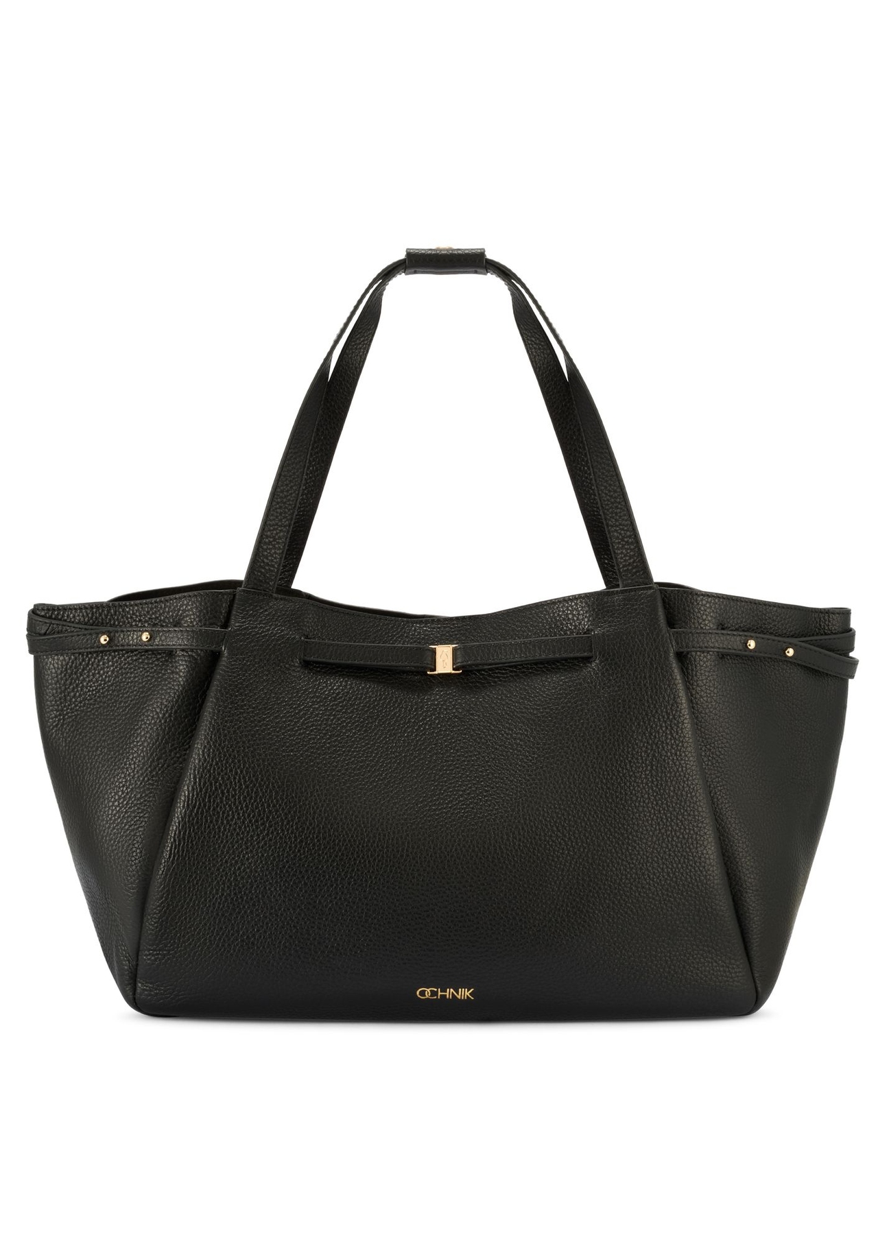 Skórzana torebka shopper w kolorze czarnym TORES-1207-9I(W26) - widok produktu z przodu, na białym tle. 