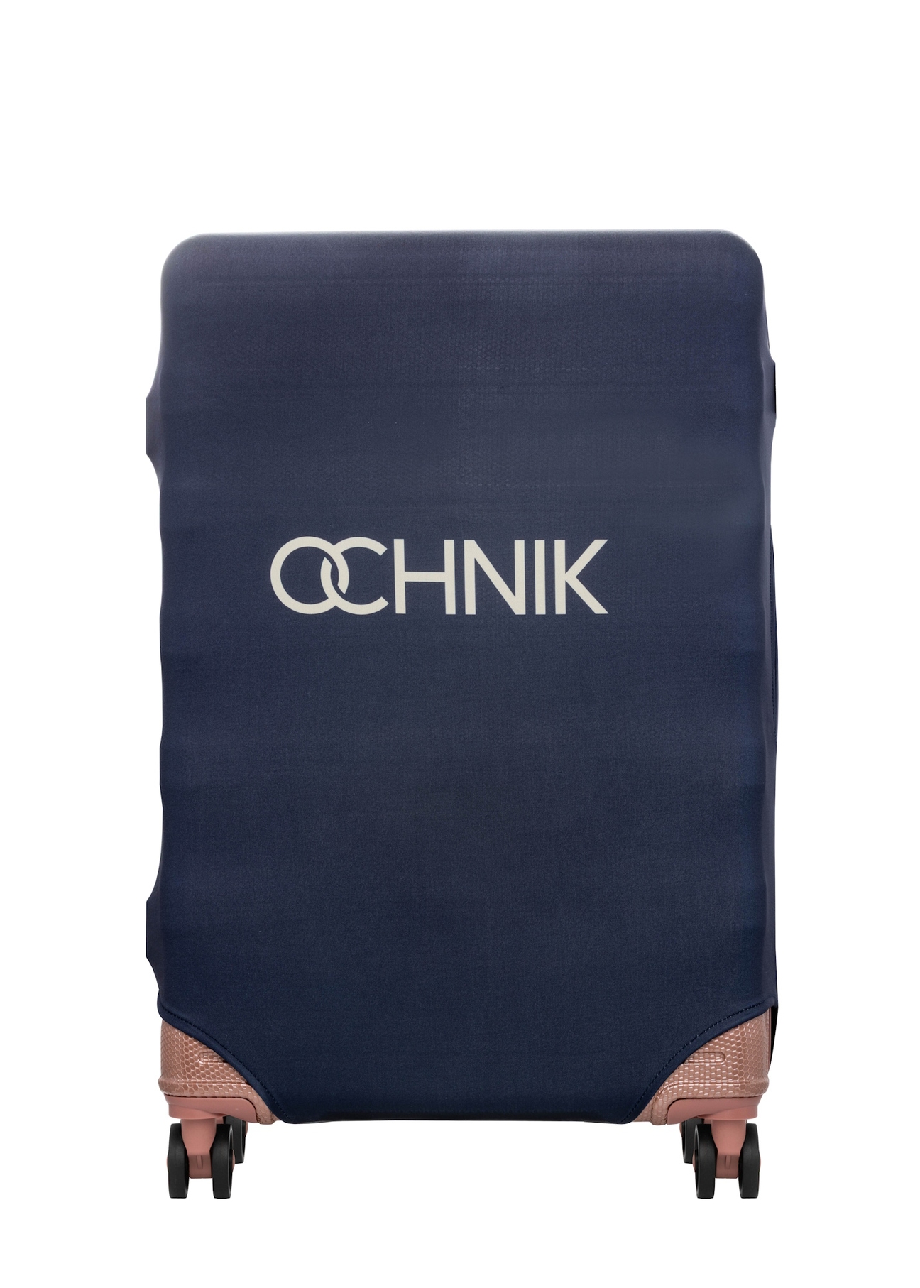 Granatowy pokrowiec na dużą walizkę AW-013-0002-7D-L(W26), widok produktu z przodu na walizce.