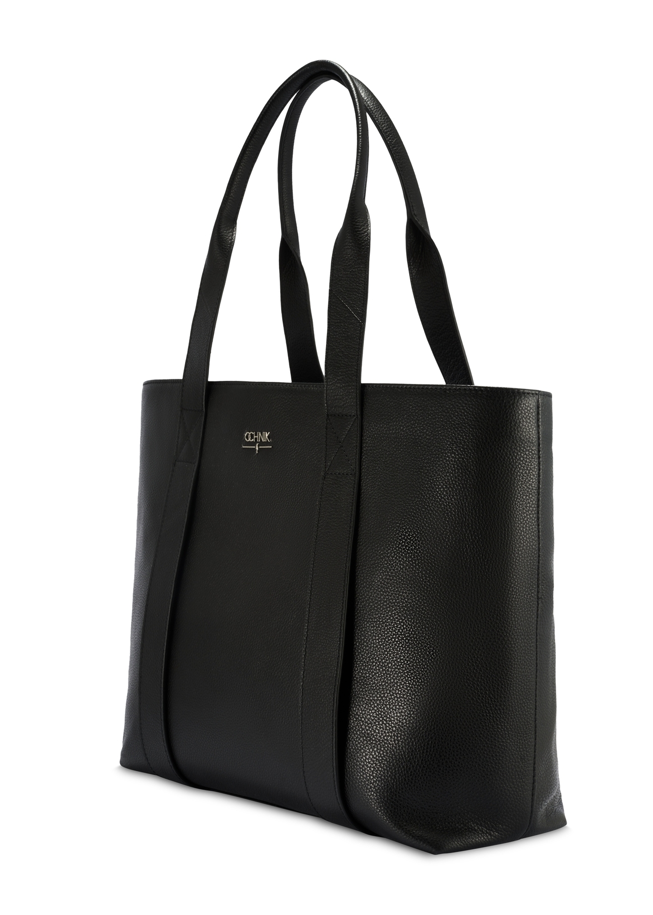 Czarna elegancka shopperka damska TORES-1200-99(Z25), widok produktu skosem na białym tle.