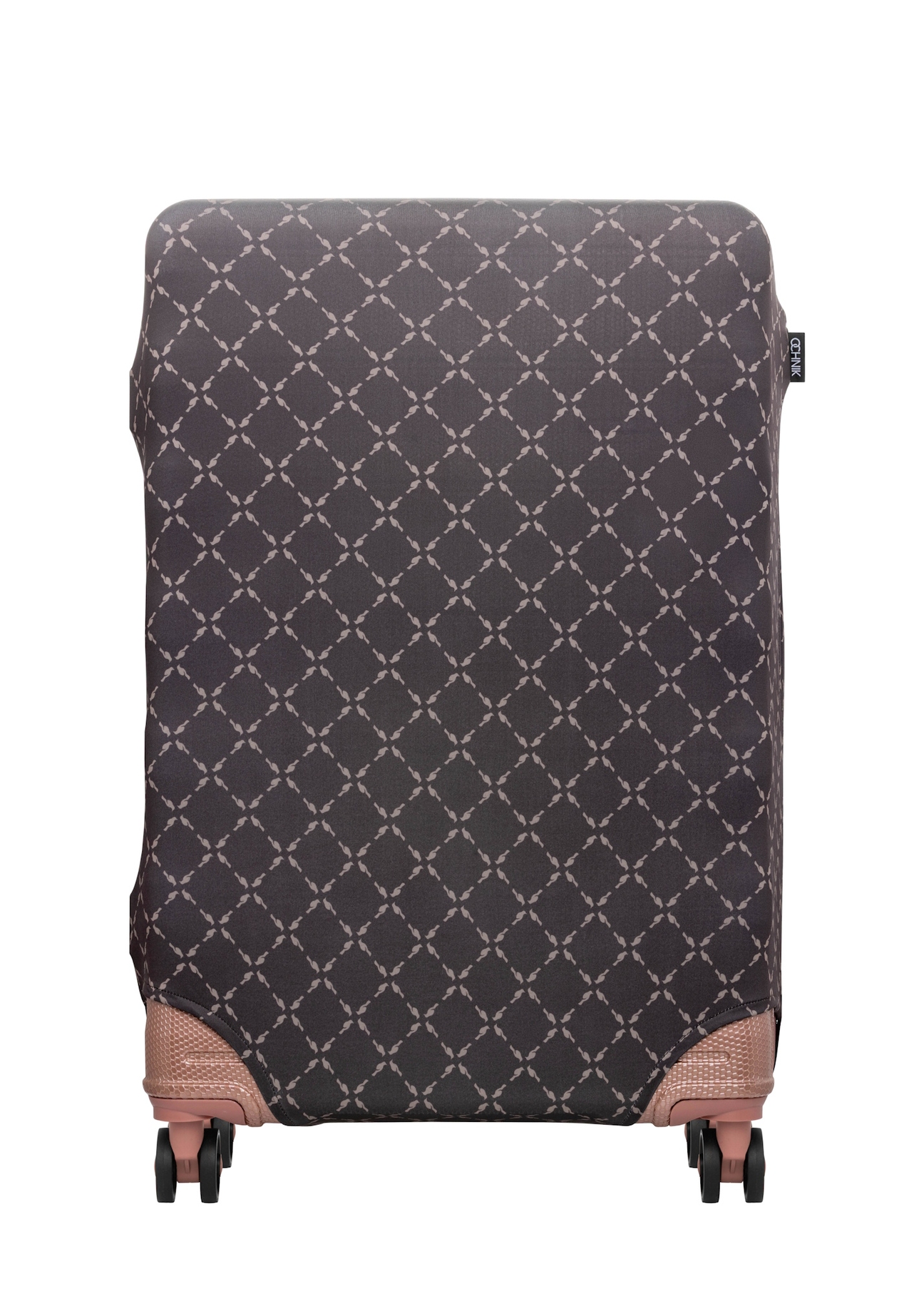 Brązowy pokrowiec na dużą walizkę AW-013-0006-1P-L(W26), widok produktu z przodu na walizce.