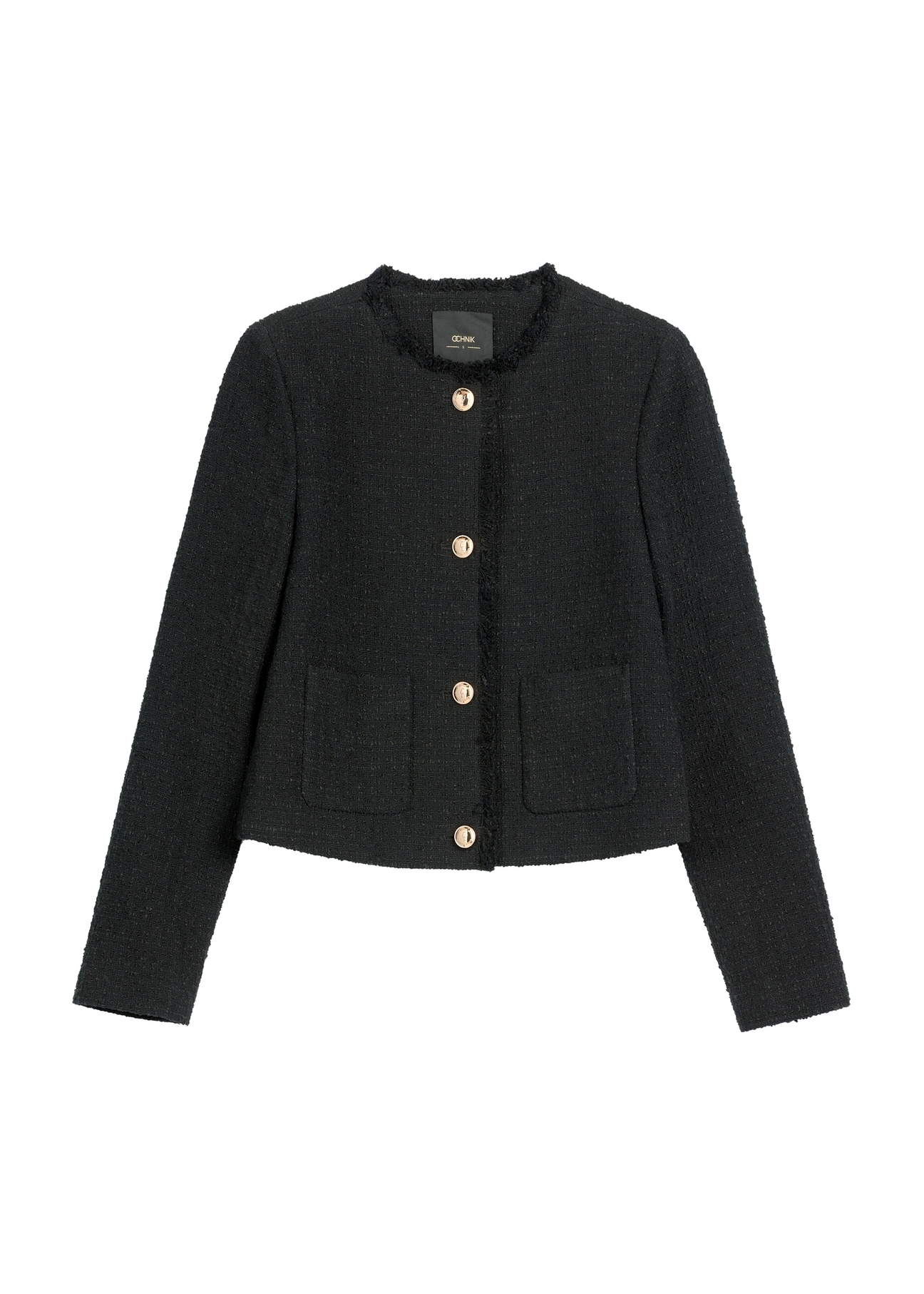 Czarna krótka marynarka damska ZAKDT-0041-99(W26), widok produktu z przodu na białym tle.