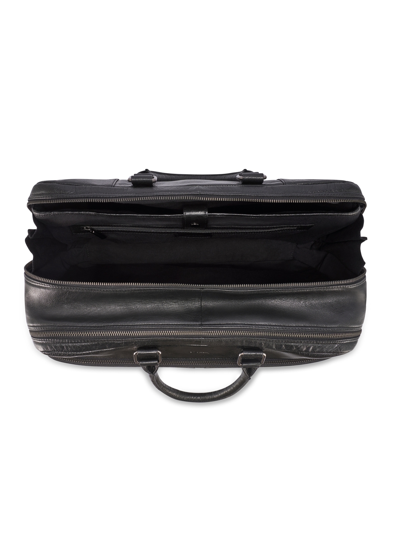 Czarna duża skórzana torba męska TORMS-0489-99(W26) - widok produktu z góry, na białym tle. 