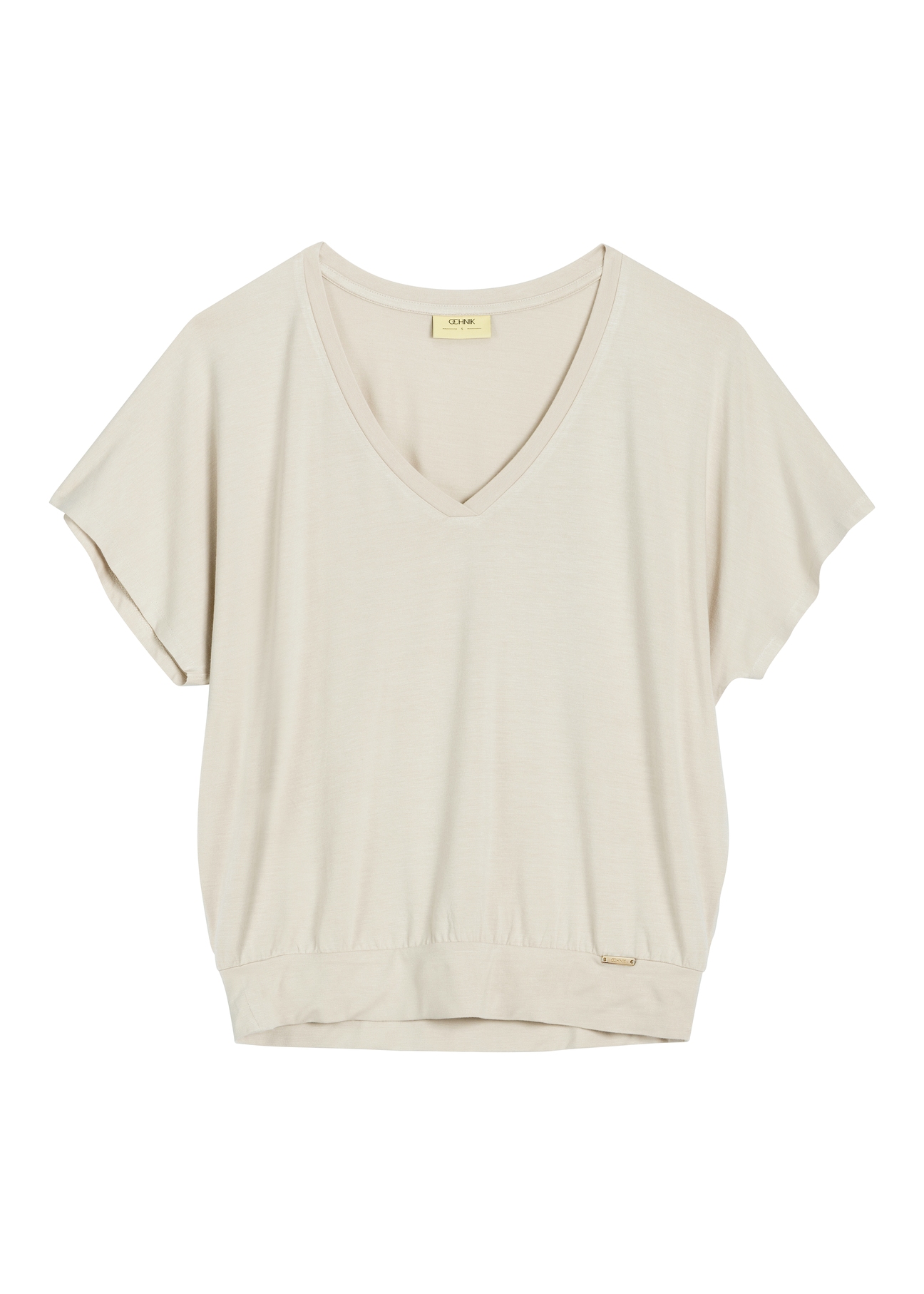 Jasnobeżowa bluzka damska BLUDT-0202-1A(W26), widok produktu z przodu na białym tle.