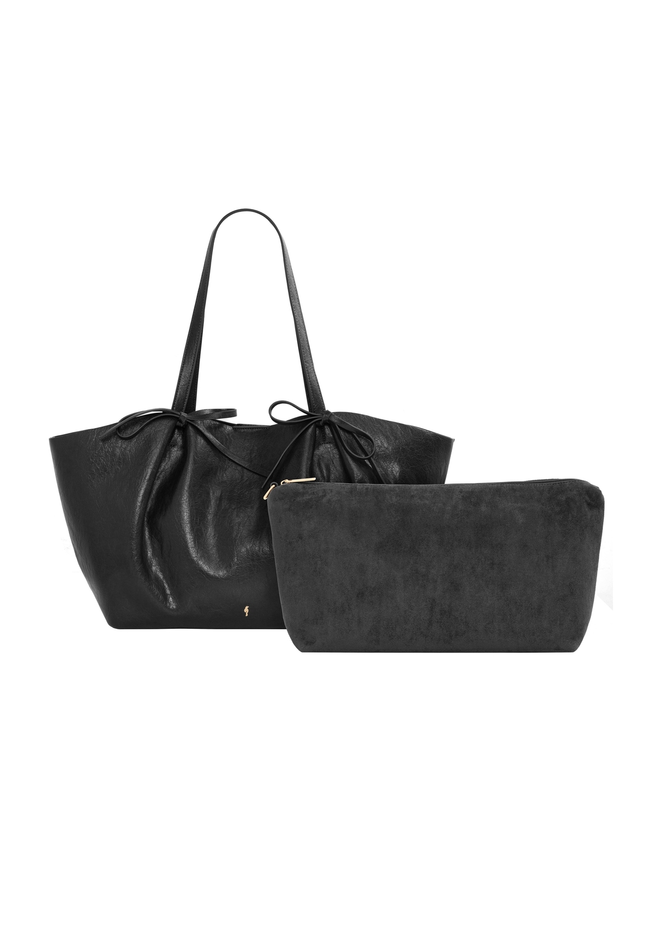Czarna torebka z kokardkami typu shopper TOREC-1378-99(Z26), widok produktu z kosmetyczką na białym tle.
