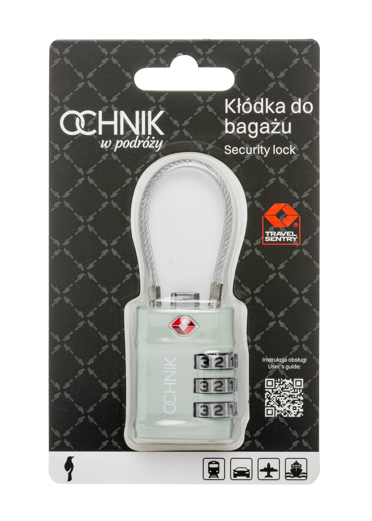 Szałwiowa szyfrowa kłódka TSA AW-015-0007-8F(W26), widok produktu z przodu w opakowaniu.