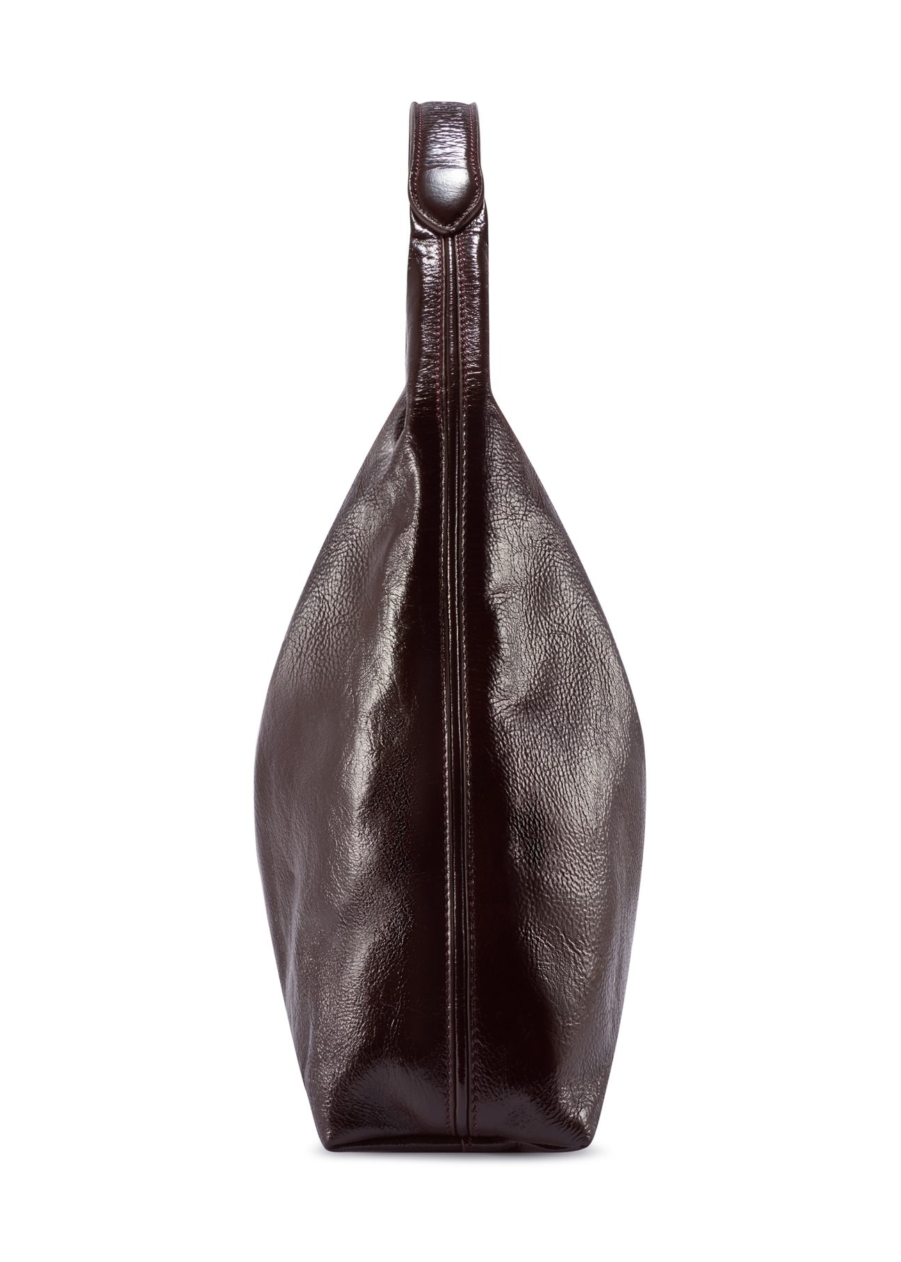 Duża skórzana brązowa torebka damska TORES-1179-1I(W26), widok produktu z boku na białym tle.