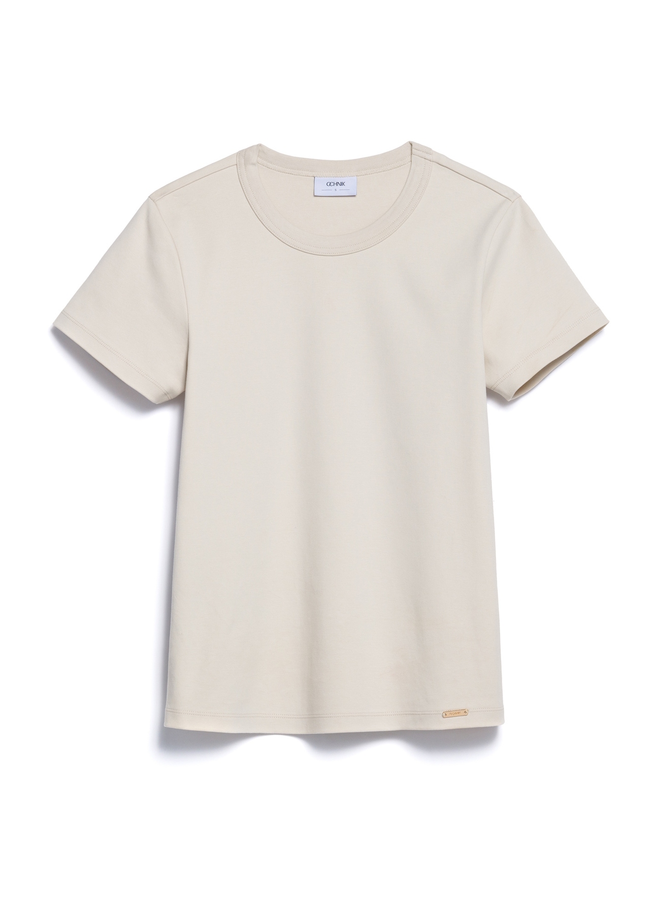 Beżowy bawełniany T-shirt damski TSHDT-0144-80(Z25), widok produktu z przodu na białym tle.