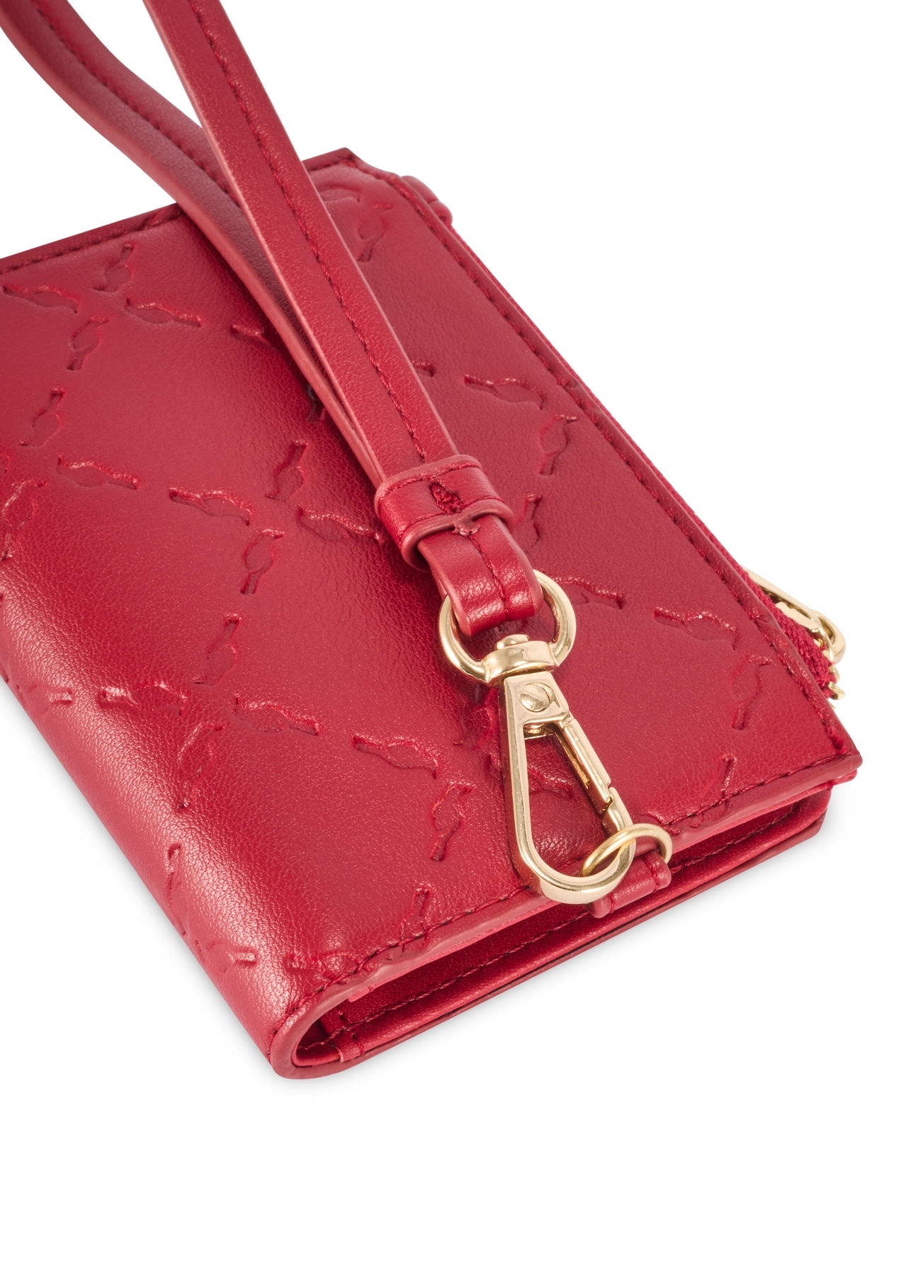 Czerwony mały portfel damski z rączką POREC-0407-4B(W26) - zbliżenie na detal, na białym tle.