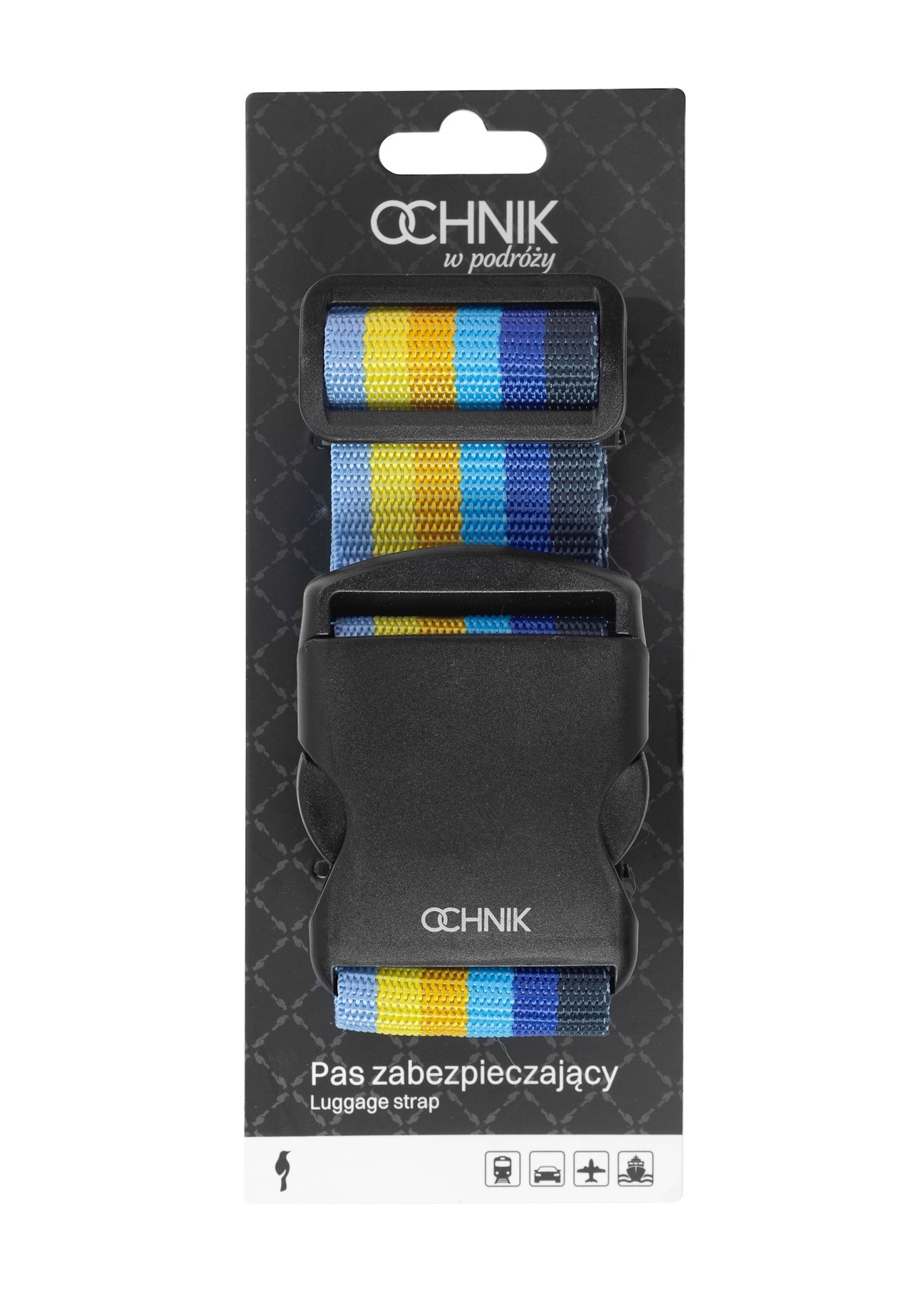 Pas bagażowy AW-011-0001-61(W25), widok produktu z opakowaniem z przodu na białym tle.