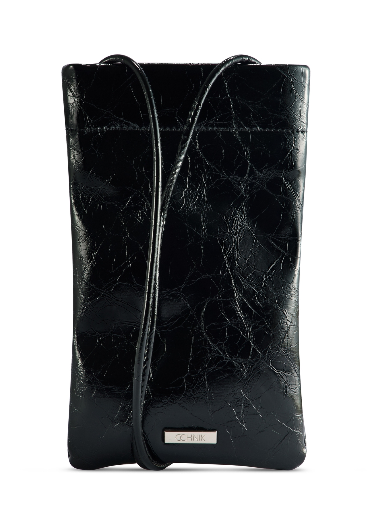 Czarna saszetka z połyskiem TOREC-1114-99(Z25), widok produktu od przodu na białym tle.