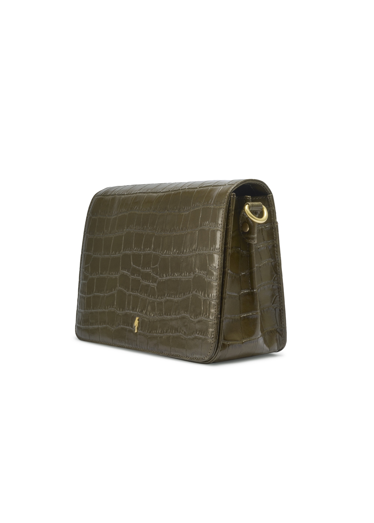 Skórzana torebka damska croco w kolorze khaki TORES-1324-8D(Z26) - widok produktu po skosie, na białym tle. 