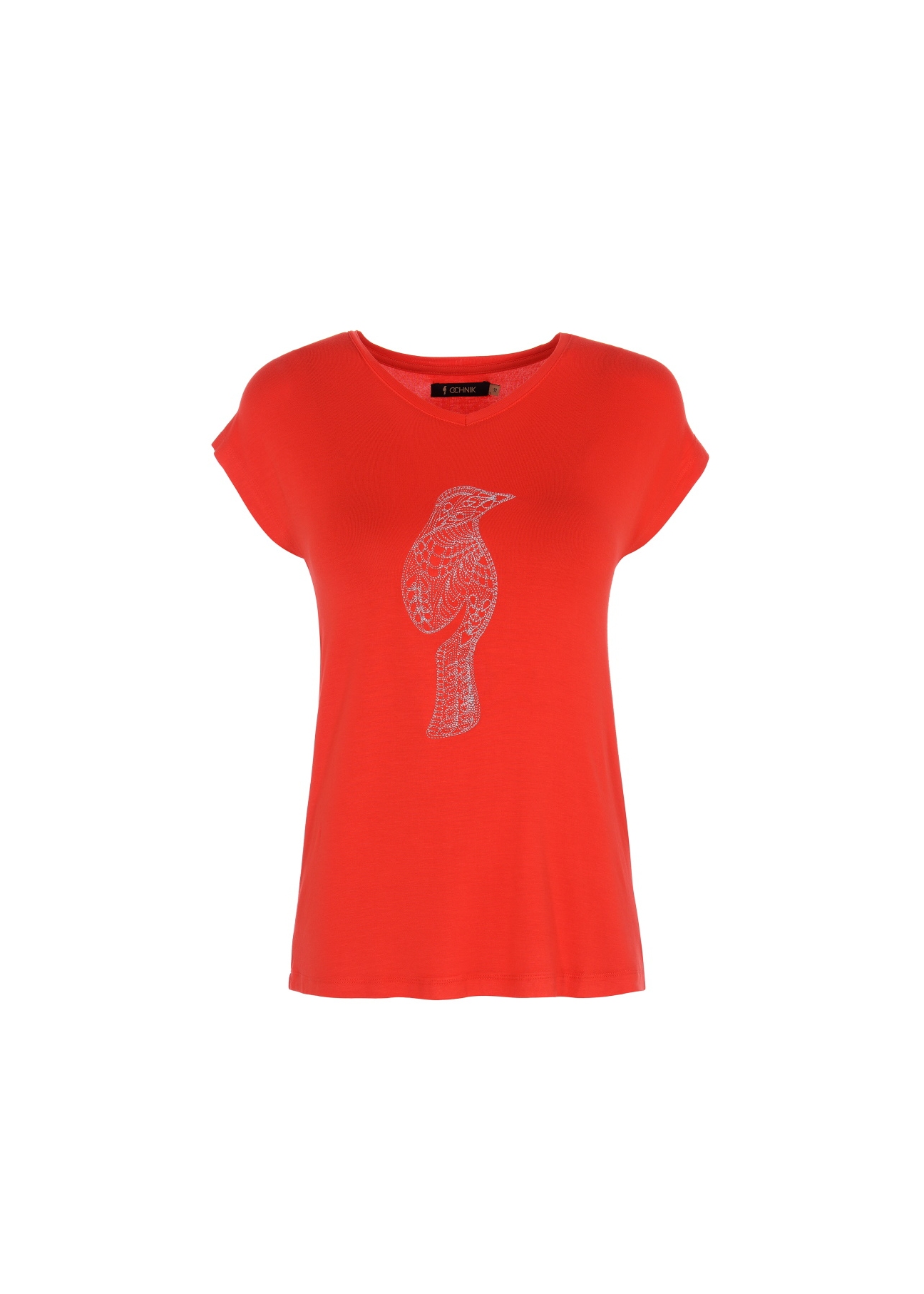 Czerwony T-shirt damski ze srebrną wilgą TSHDT-0051-42(W20)-01