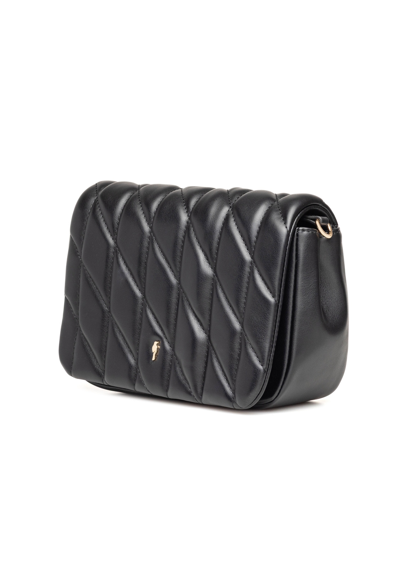 Czarna torebka damska z przeszyciami TOREC-1151-99(W26), widok produktu skosem na białym tle.