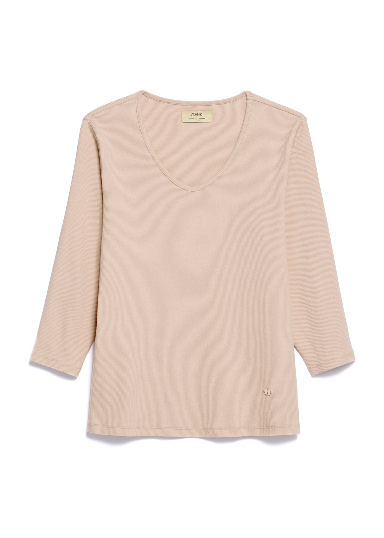 Beżowa bluzka damska z dekoltem V-neck LSLDT-0036-1A(W26)  - widok produktu z przodu, na białym tle.