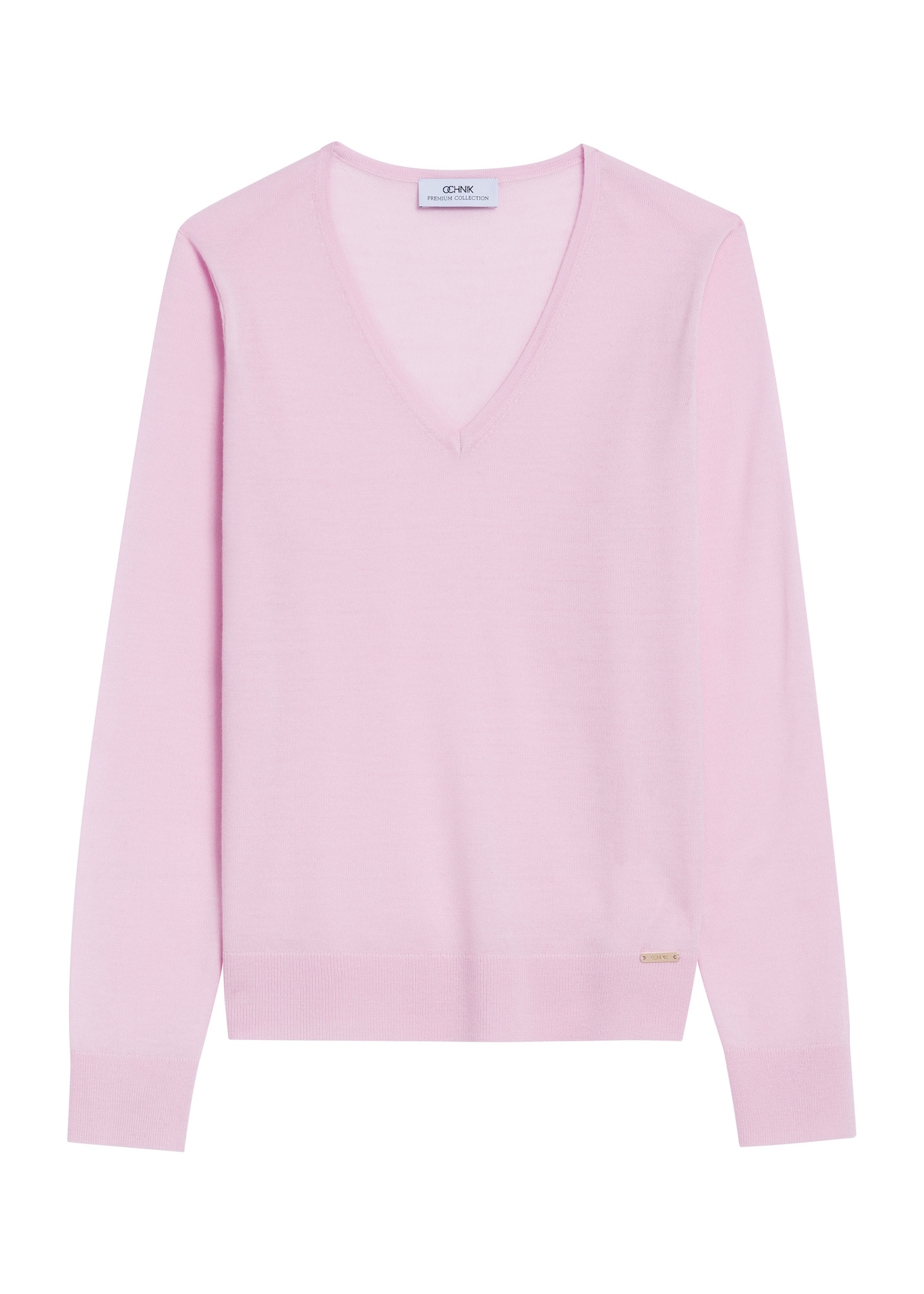 Jasnoróżowy sweter damski SWEDT-0250-34(Z25), widok produktu z przodu na białym tle.