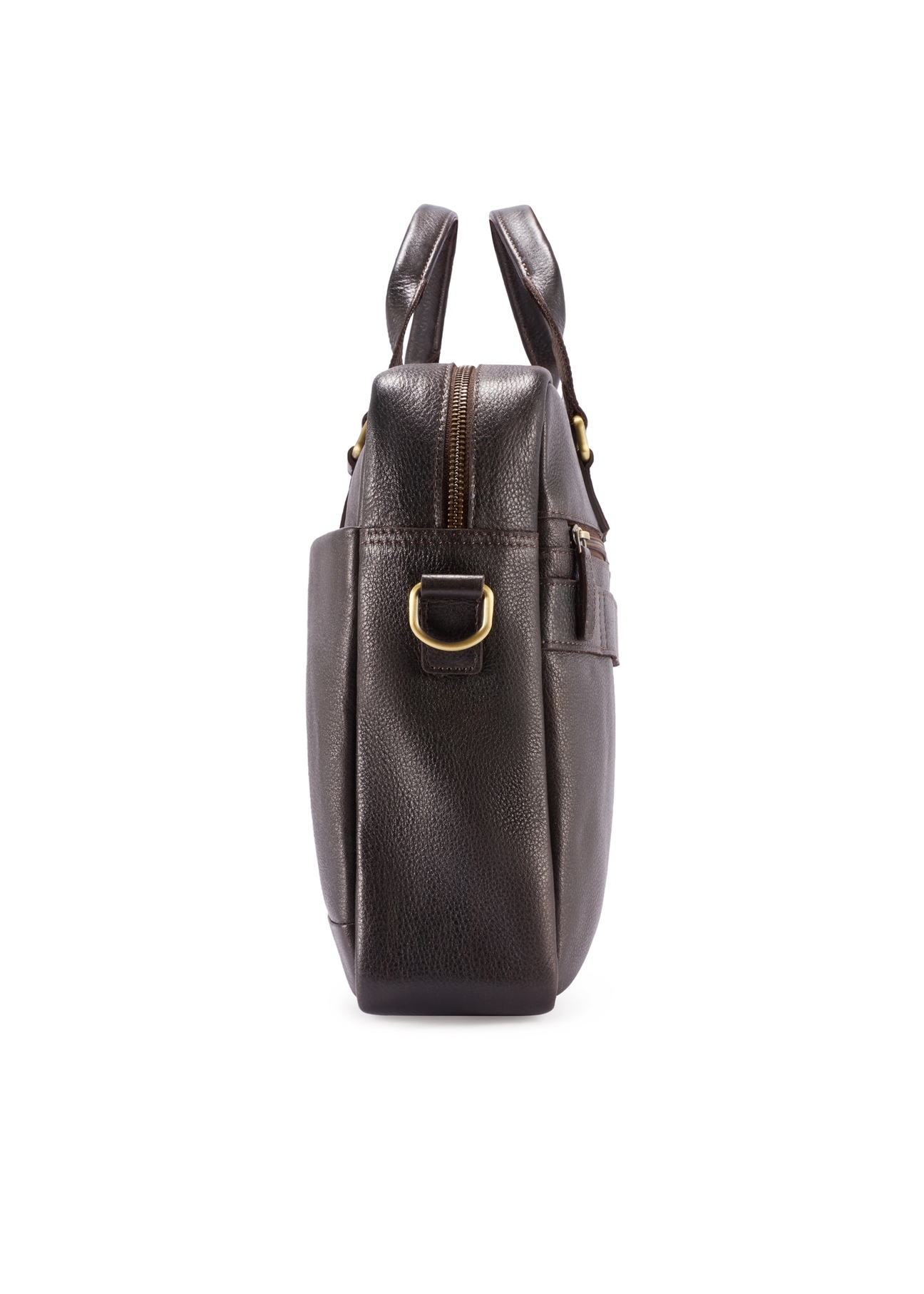 Brązowa skórzana teczka męska TORMS-0503-1I(W26) - widok produktu z boku, na białym tle. 