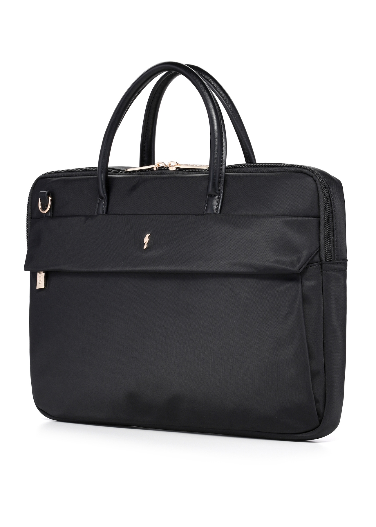 Czarna damska torba na laptopa TOREN-0344-99(W26), widok produktu skosem na białym tle.