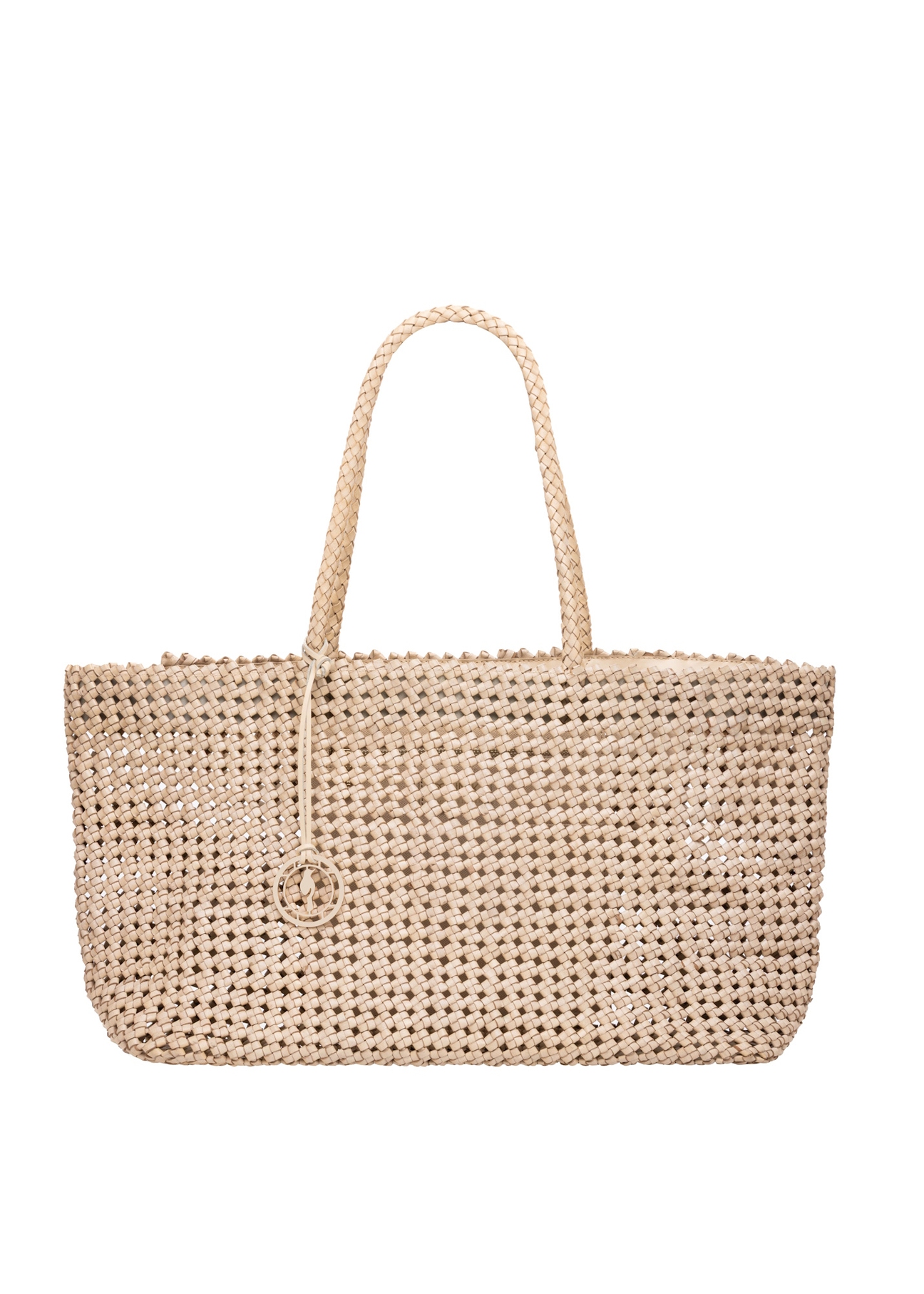 Beżowa skórzana pleciona torebka TORES-1300-0C(W26), widok produktu z przodu na białym tle.