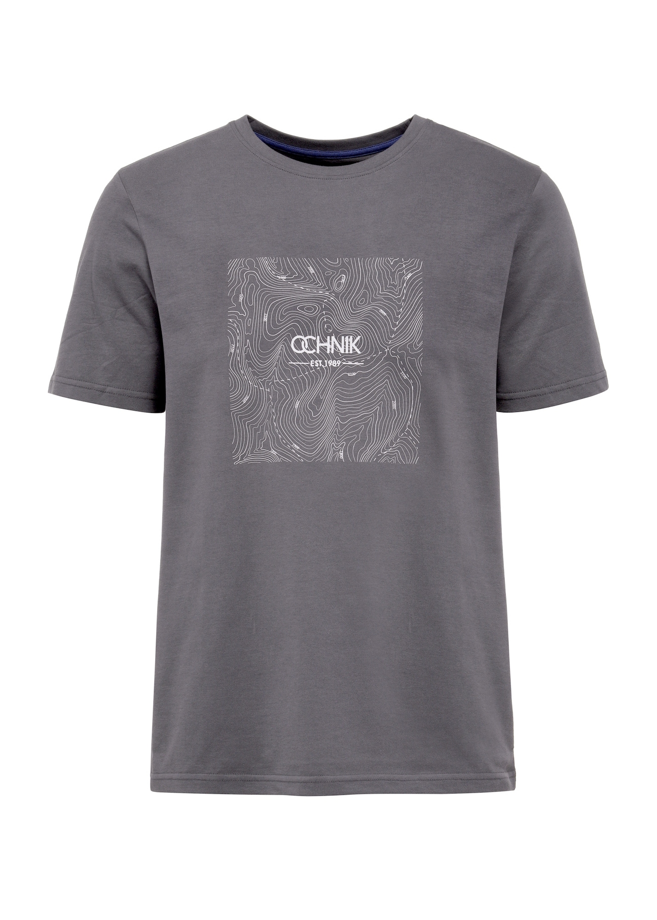 Szary T-shirt męski z nadrukiem TSHMT-0127-96(W25), widok produktu z przodu na białym tle.