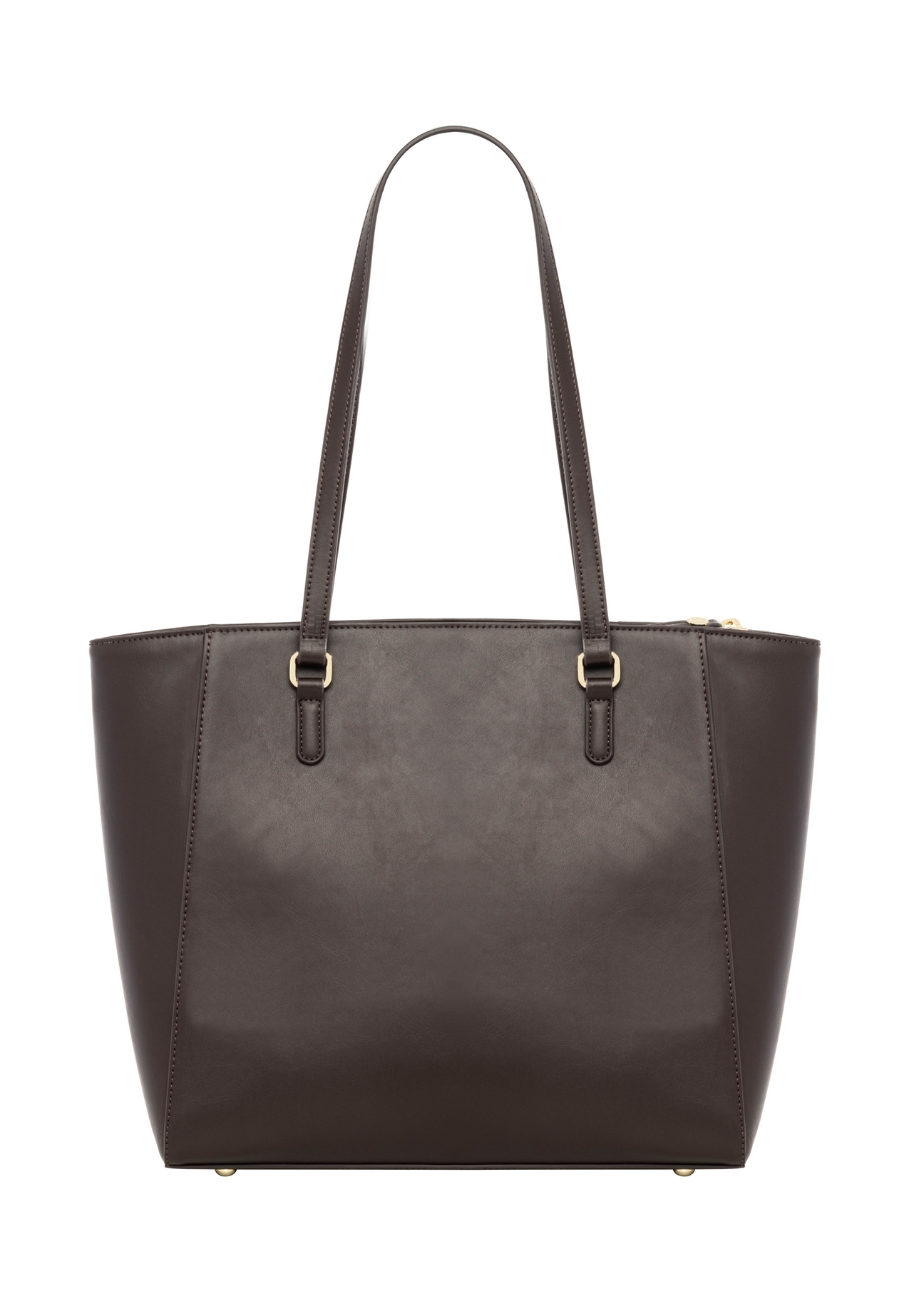 Brązowa shopperka damska z monogramem TOREC-1291-1I(Z26), widok produktu od tyłu na białym tle.