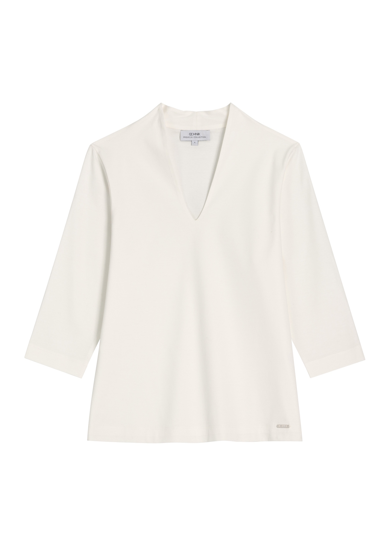 Kremowa bawełniana bluzka z dekoltem V-neck BLUDT-0210-0B(Z26), widok produktu z przodu na białym tle.