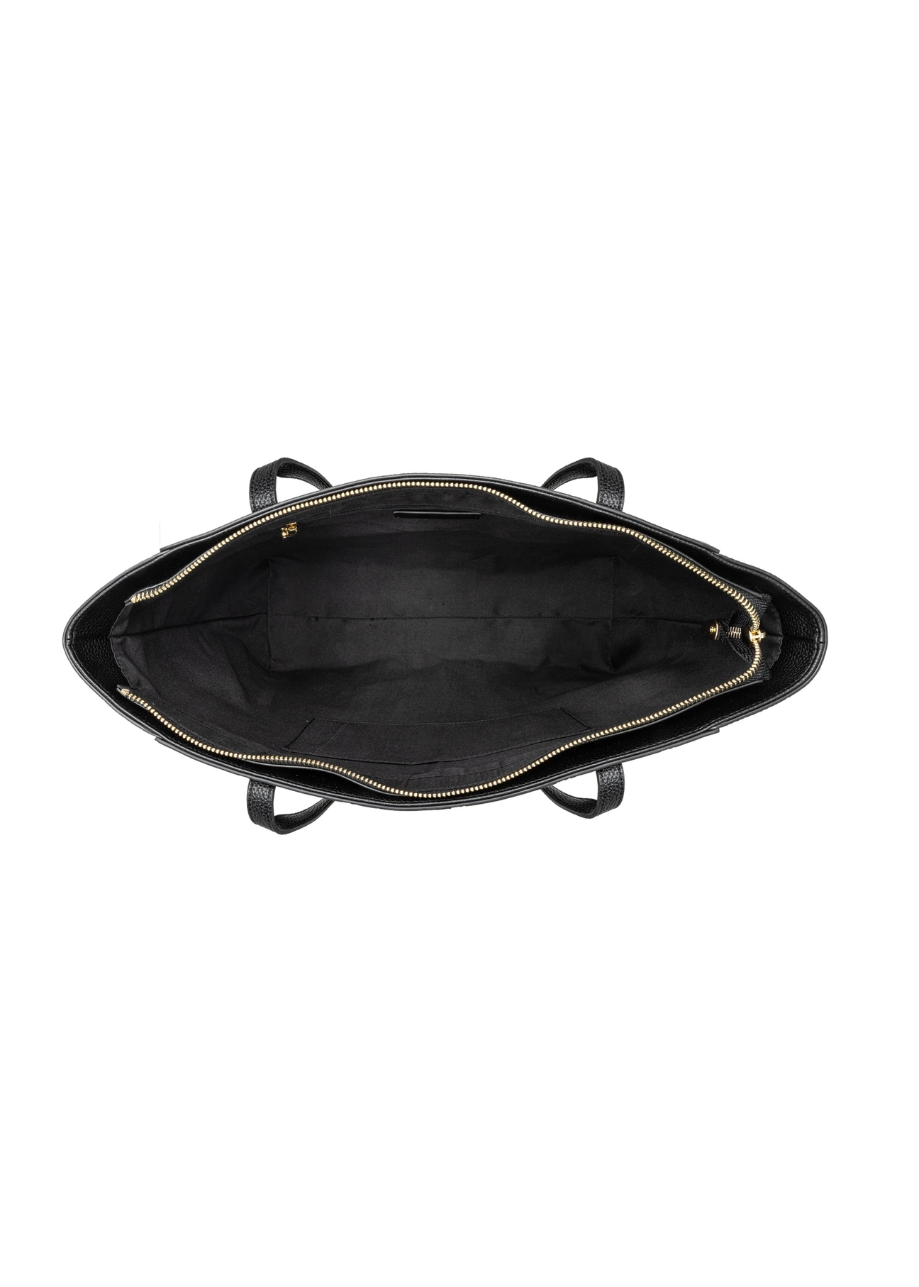 Czarna torebka shopper z monogramem TOREC-1160-9P(W26) - widok produktu z góry, na białym tle.