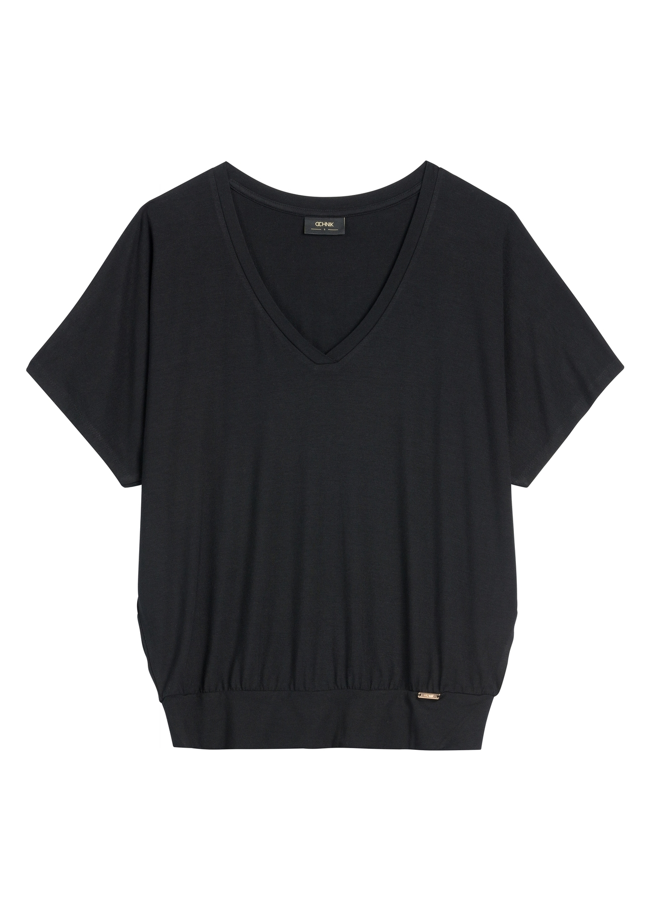 Czarna bluzka damska BLUDT-0202-99(W26), widok produktu z przodu na białym tle.