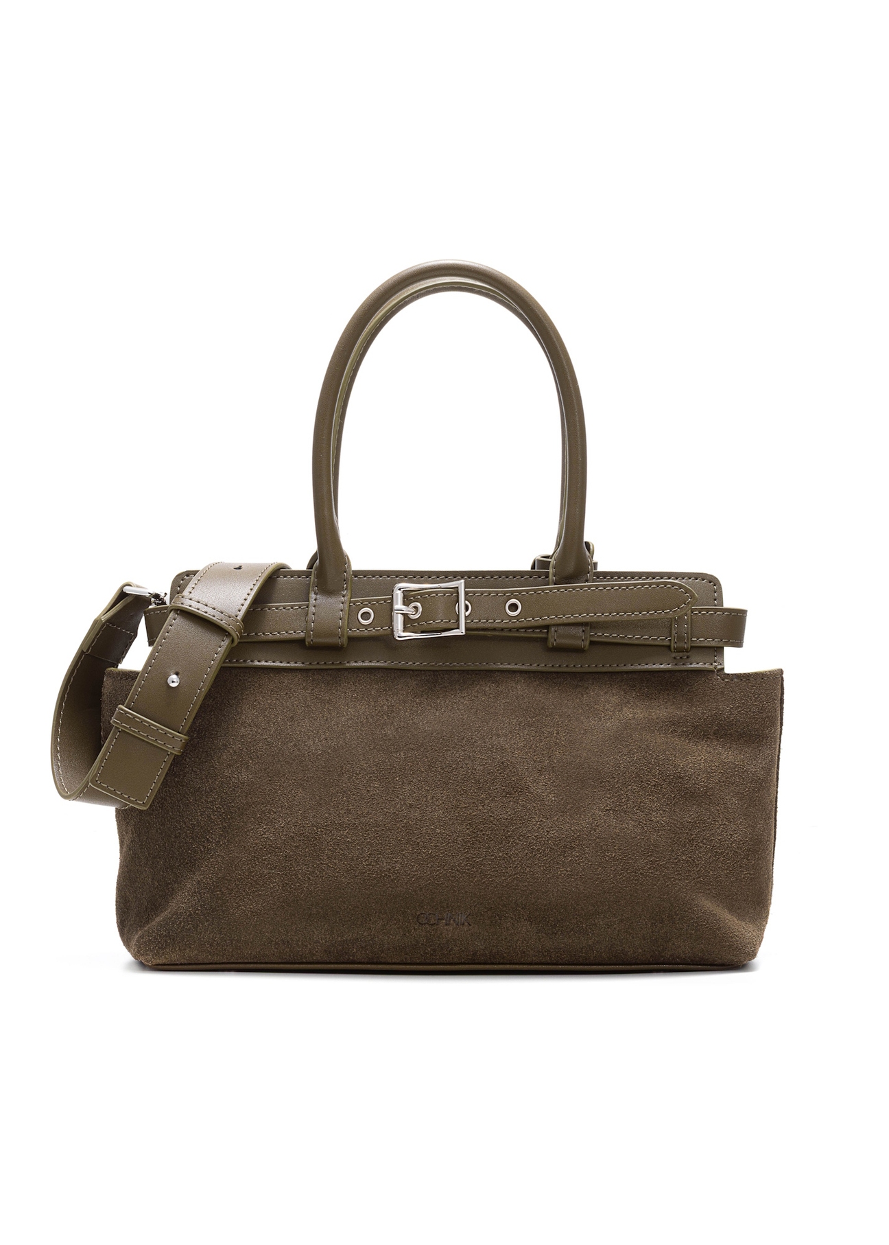 Zamszowa torebka damska w kolorze khaki TORES-1192-55(Z25), widok produktu z przodu na białym tle.