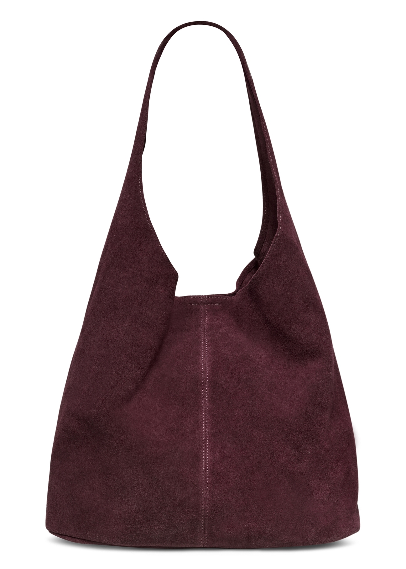 Bordowa zamszowa torebka shopper TORES-1403-4D(Z26) - widok produktu z tyłu, na białym tle. 