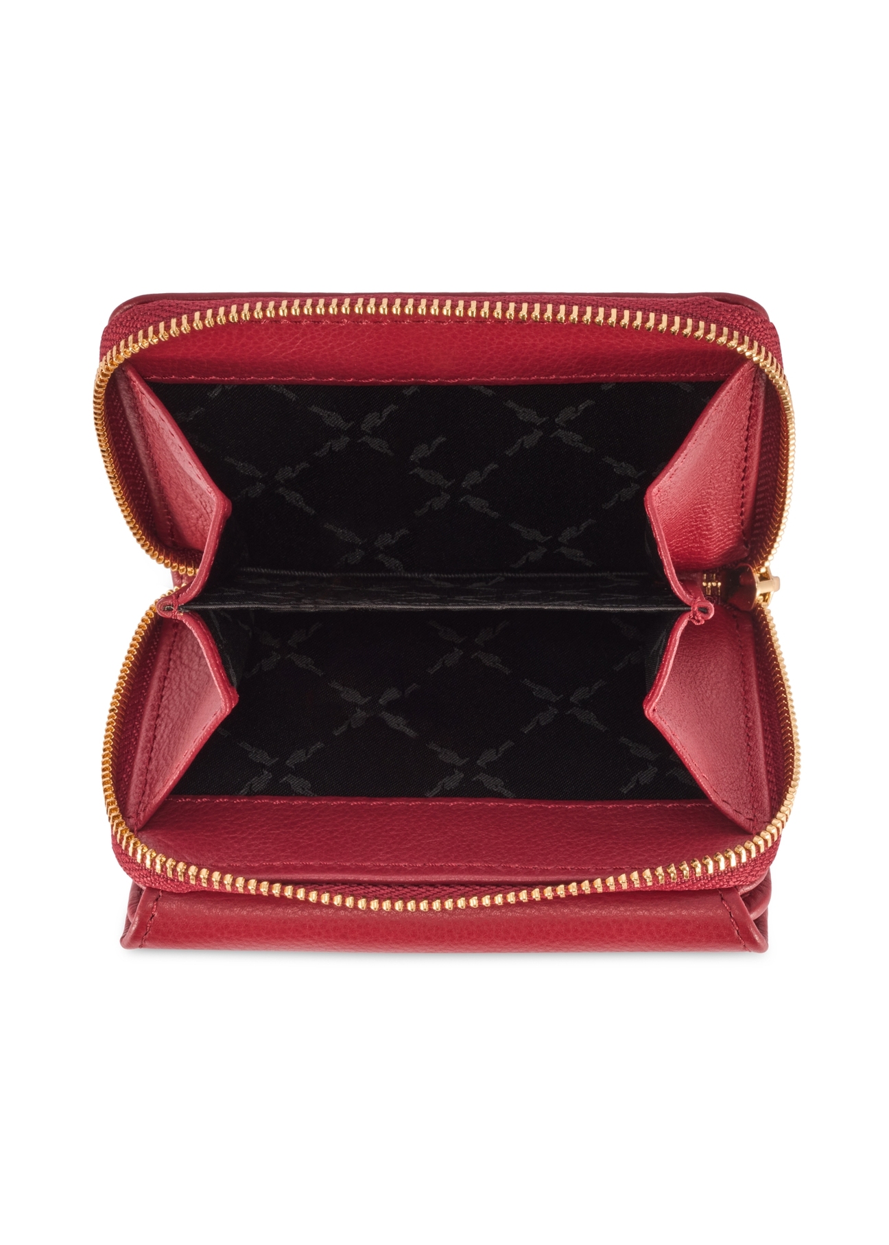 Mały czerwony skórzany portfel damski PORES-0990-4C(W26), widok produktu od góry na białym tle.