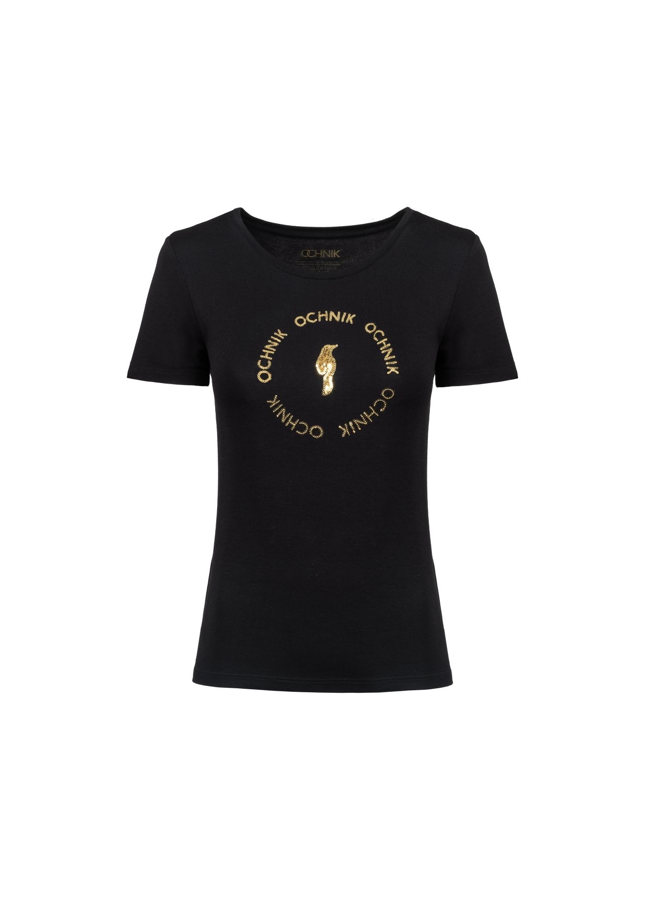 Czarny T-shirt damski z aplikacją TSHDT-0071A-99(Z23)-04