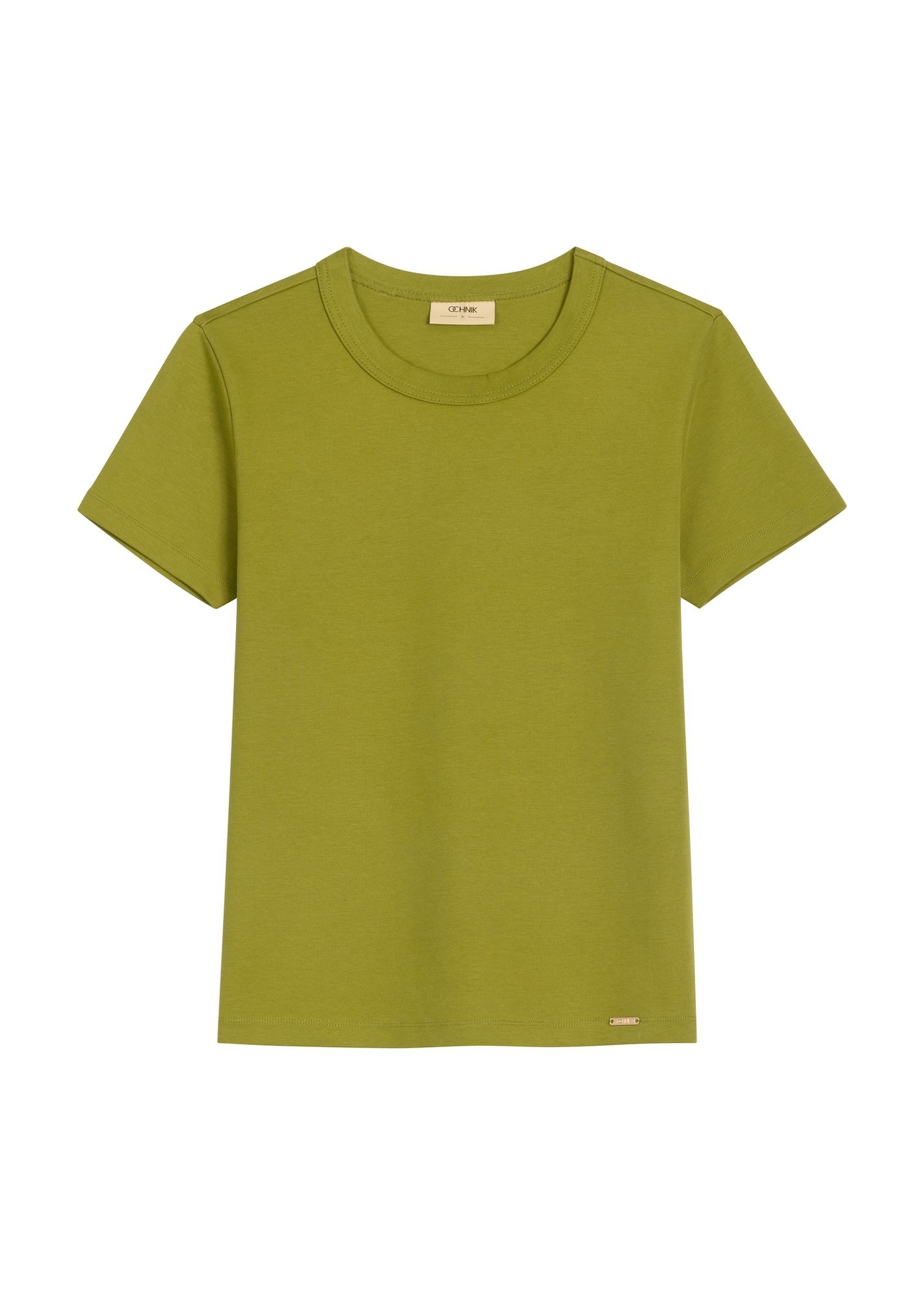 Oliwkowy bawełniany T-shirt damski TSHDT-0144-8E(Z26) - widok produktu z przodu, na białym tle. 