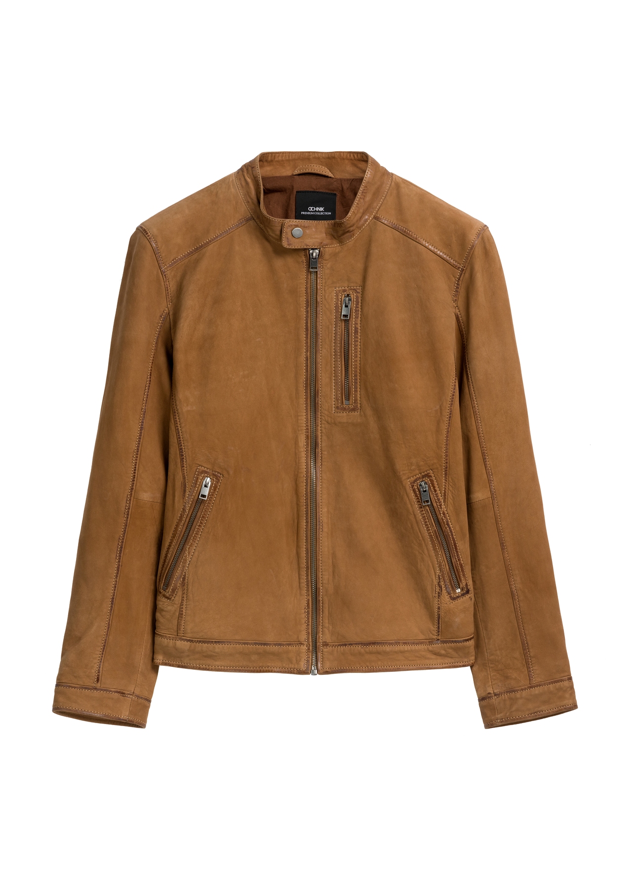 Ciemnobeżowa kurtka zamszowa męska KURMS-0398-1C(W26), widok produktu z przodu na białym tle.