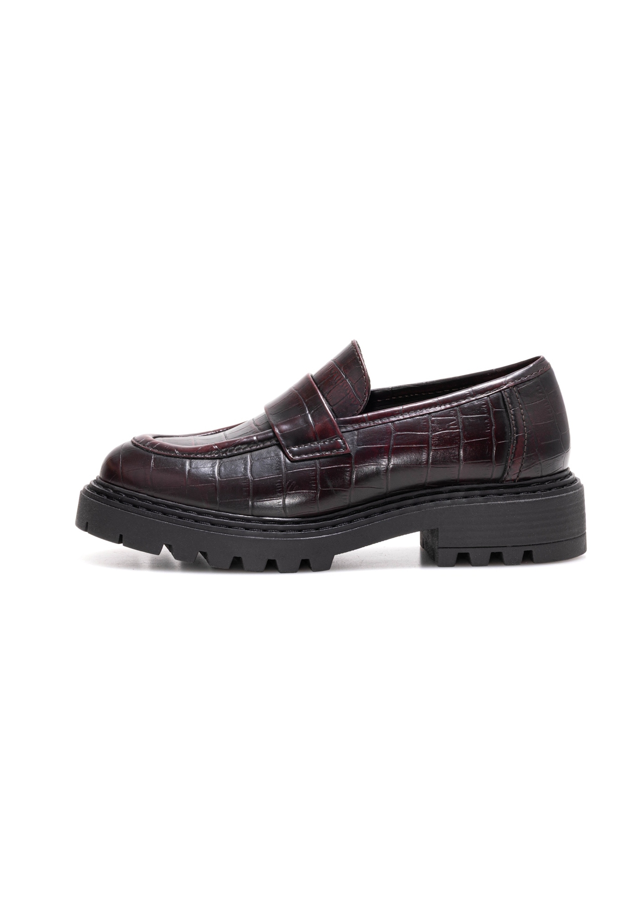 Bordowe mokasyny damskie croco BUTYD-1189-90(Z25), widok produktu z boku na białym tle.