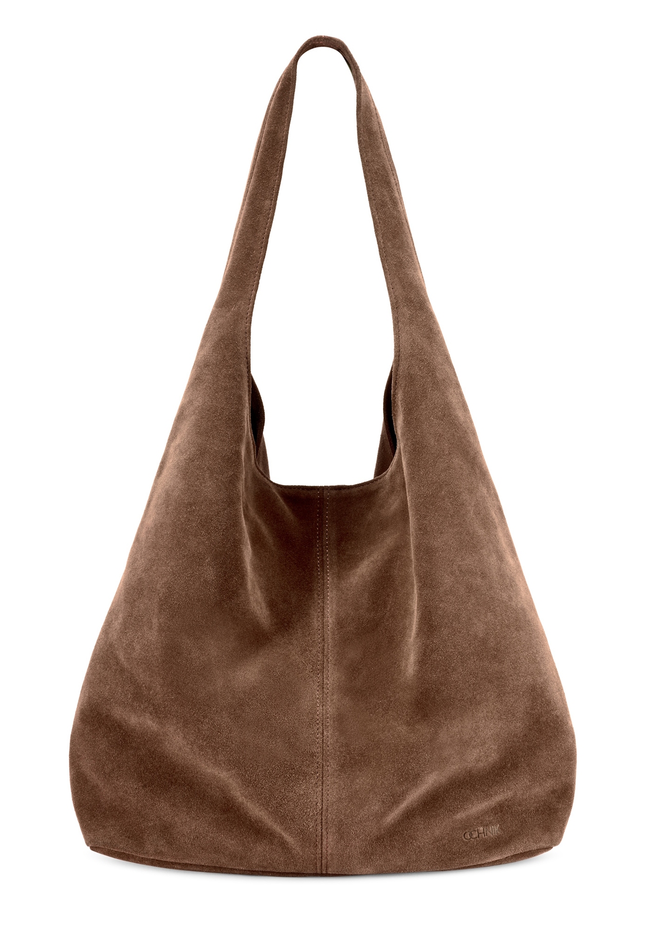 Brązowa zamszowa shopperka damska TORES-1177-1I(W26), widok produktu z przodu na białym tle.