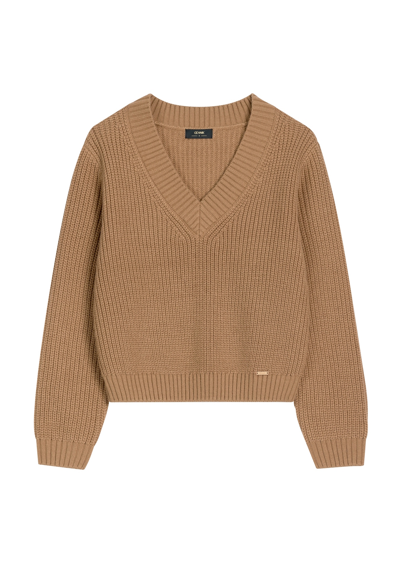 Camelowy sweter damski SWEDT-0162-1D(Z26), zdjęcie produktu z przodu na jasnym tle.