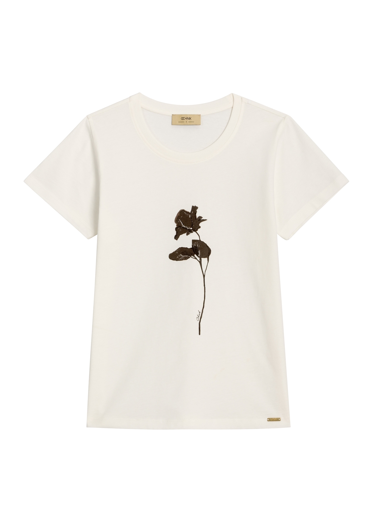 Kremowy t-shirt damski z nadrukiem TSHDT-0166-0B(Z26) - widok produktu z przodu, na białym tle. 