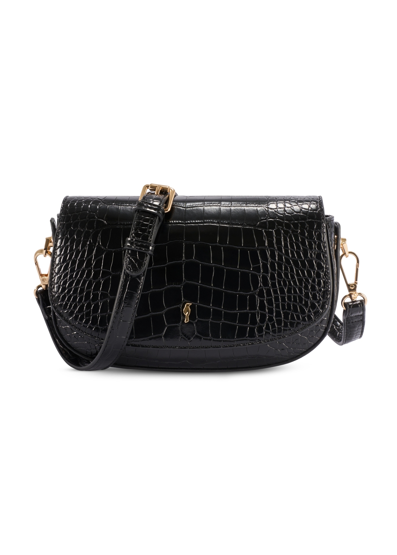 Mała czarna torebka listonoszka damska croco TOREC-1185-9G(W26), widok produktu z przodu na białym tle.