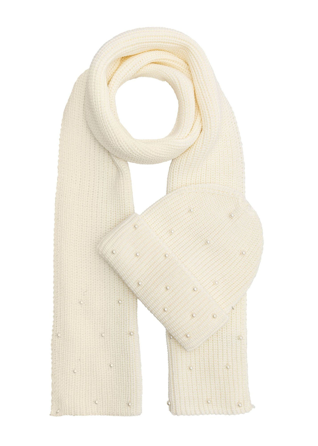 Kremowy zestaw czapka i szalik ZESDT-0011-11(Z25) - widok produktu z przodu na białym tle. 