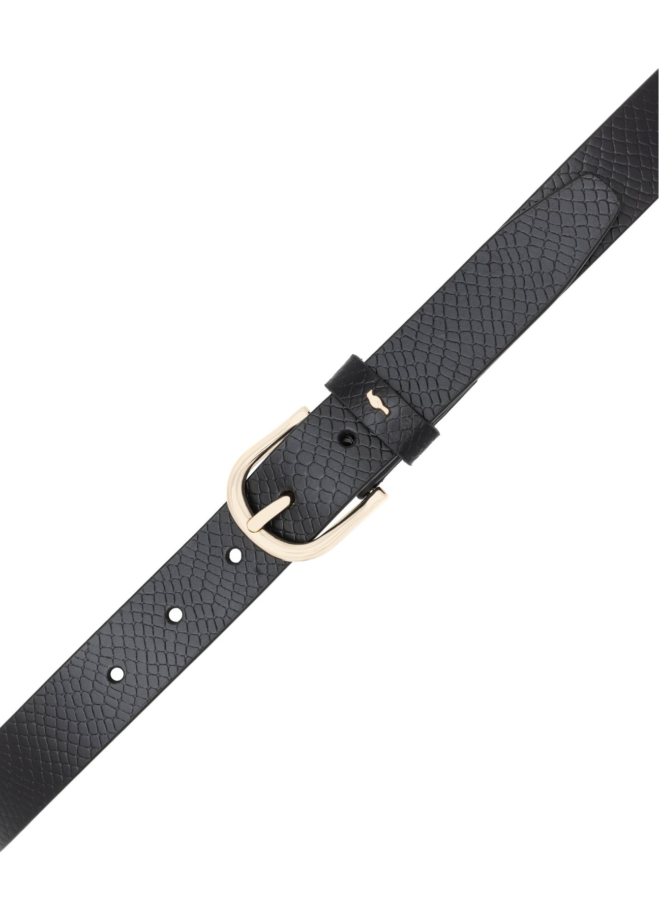Czarny skórzany pasek damski PASDS-0333-99(Z25), widok na klamrę produktu na białym tle.