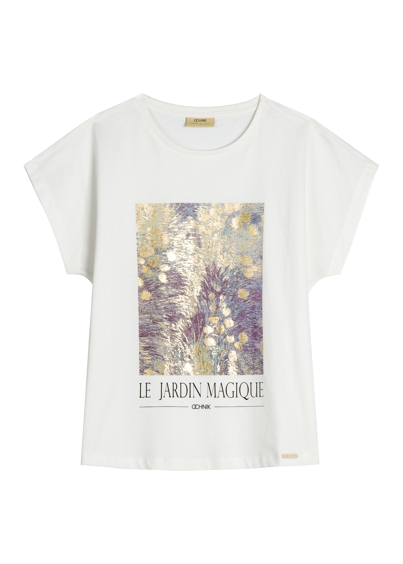 Kremowy T-shirt damski z nadrukiem TSHDT-0160-0B(W26)