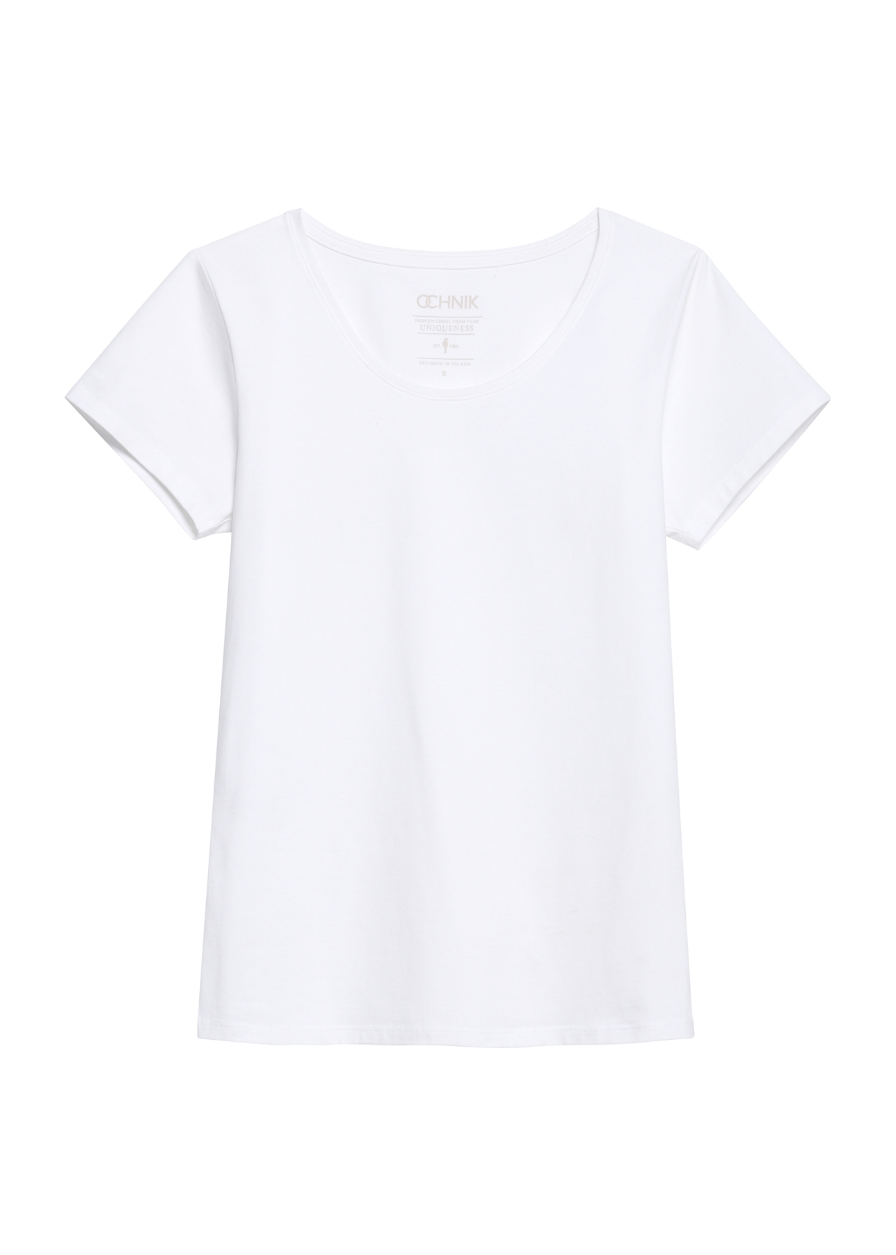 Biały T-shirt damski basic TSHDT-0111-11(KS), widoczny produkt od przodu na baiłym tle.