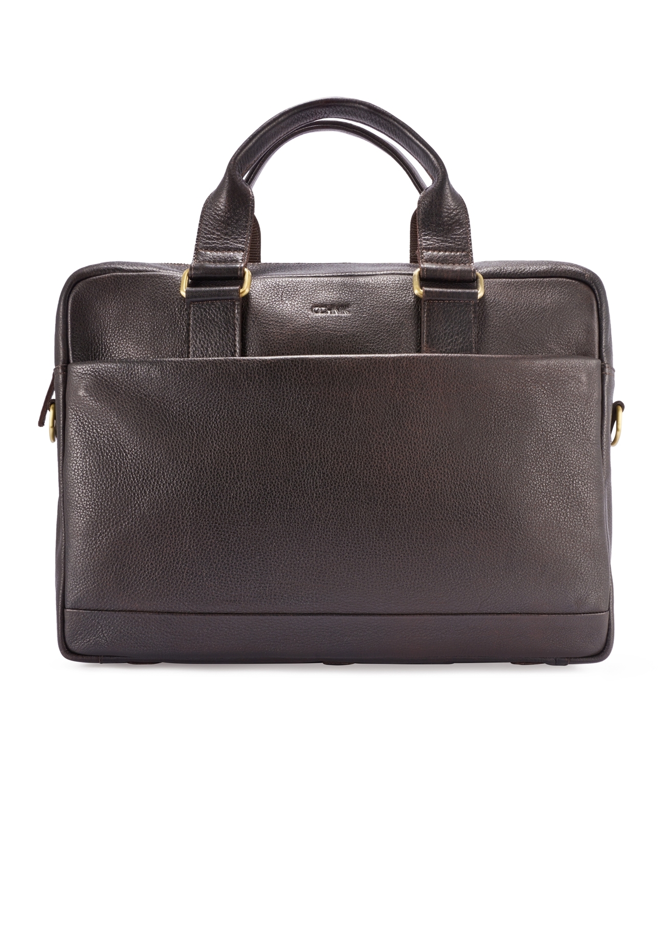 Brązowa skórzana teczka męska TORMS-0503-1I(W26) - widok produktu z przodu, na białym tle. 