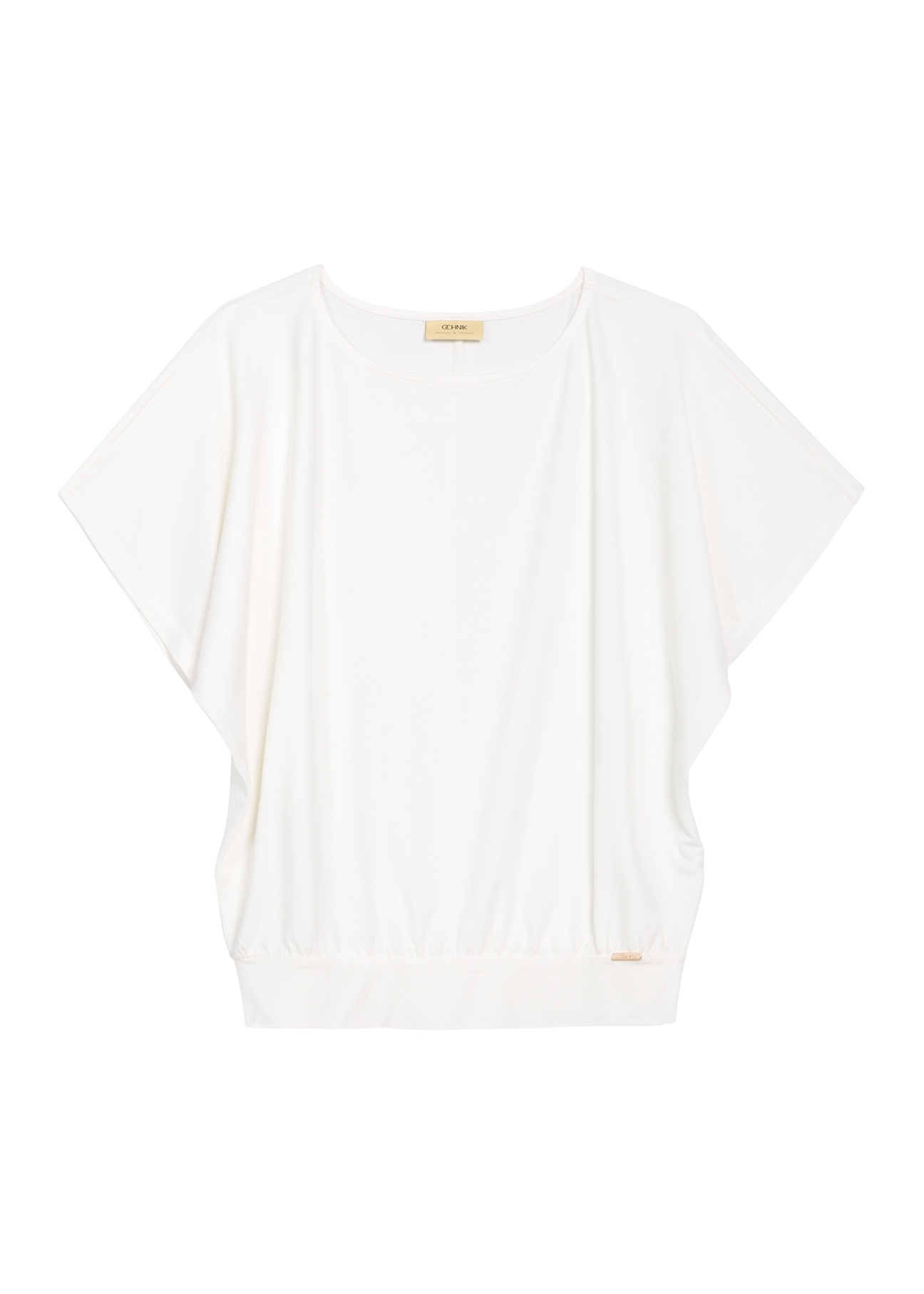 Biała bluzka damska ze ściągaczem BLUDT-0170-0B(W26) - widok produktu z przodu na białym tle. 