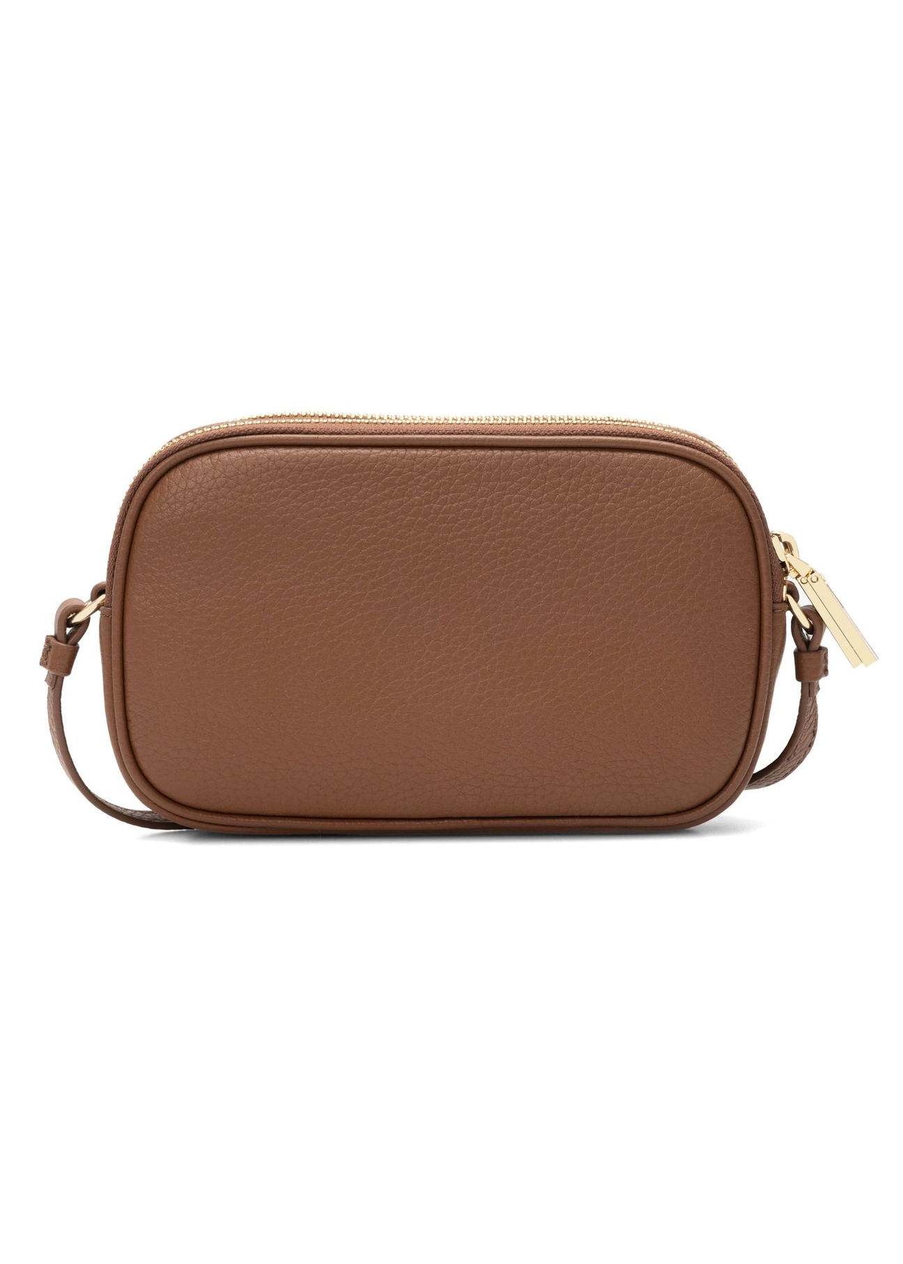 Mała skórzana torebka damska w kolorze camelu TORES-0466E-1D(W26) - widok produktu z tyłu na białym tle. 